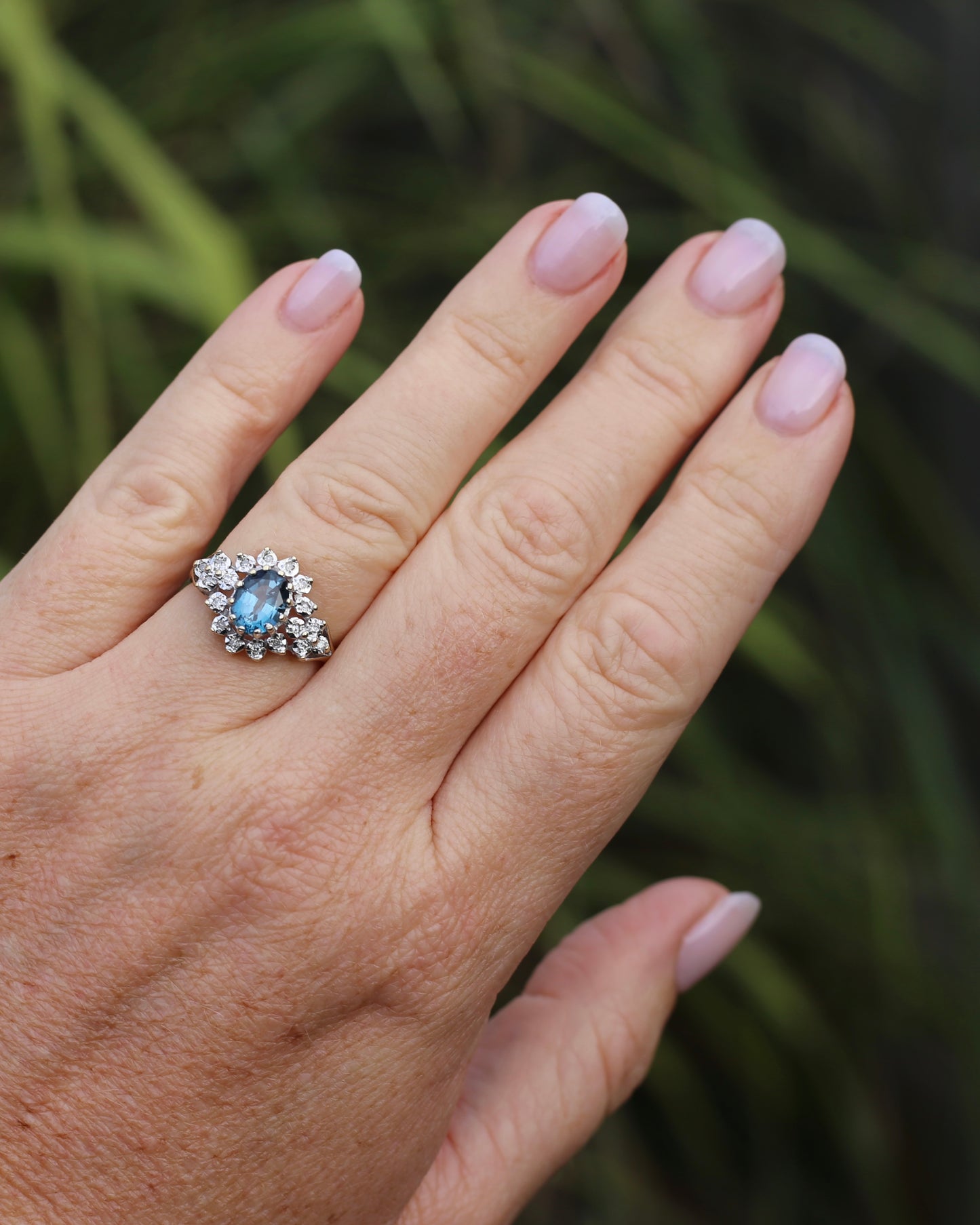 1989 Blue Zircon and Diamond Halo Ring, 9ct Yellow and White Gold, size N1/2 or 7, 3.18g
