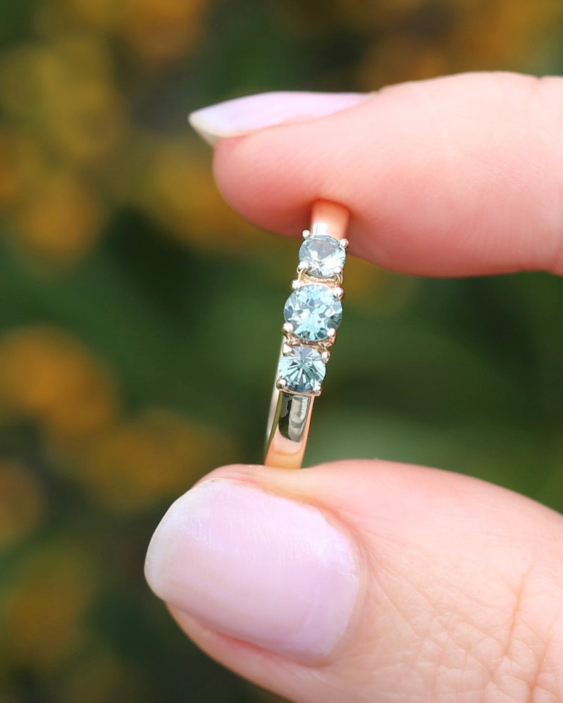 Natural Turquoise-Meets-Sage-Green Parti Trilogy, Claw Set 9ct Yellow Gold, size O1/2 or just over 7.25, 2.16g