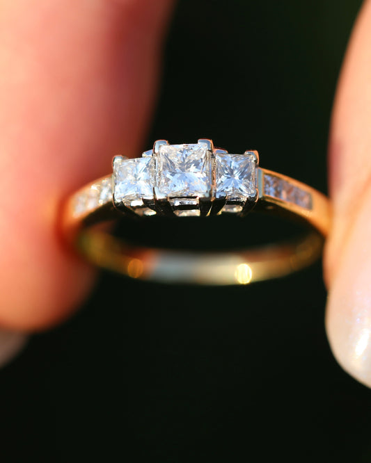 Vintage Princess Cut Natural Diamond Trilogy Ring, 18ct White and Yellow Gold, size P1/2 or 8, 3.37g