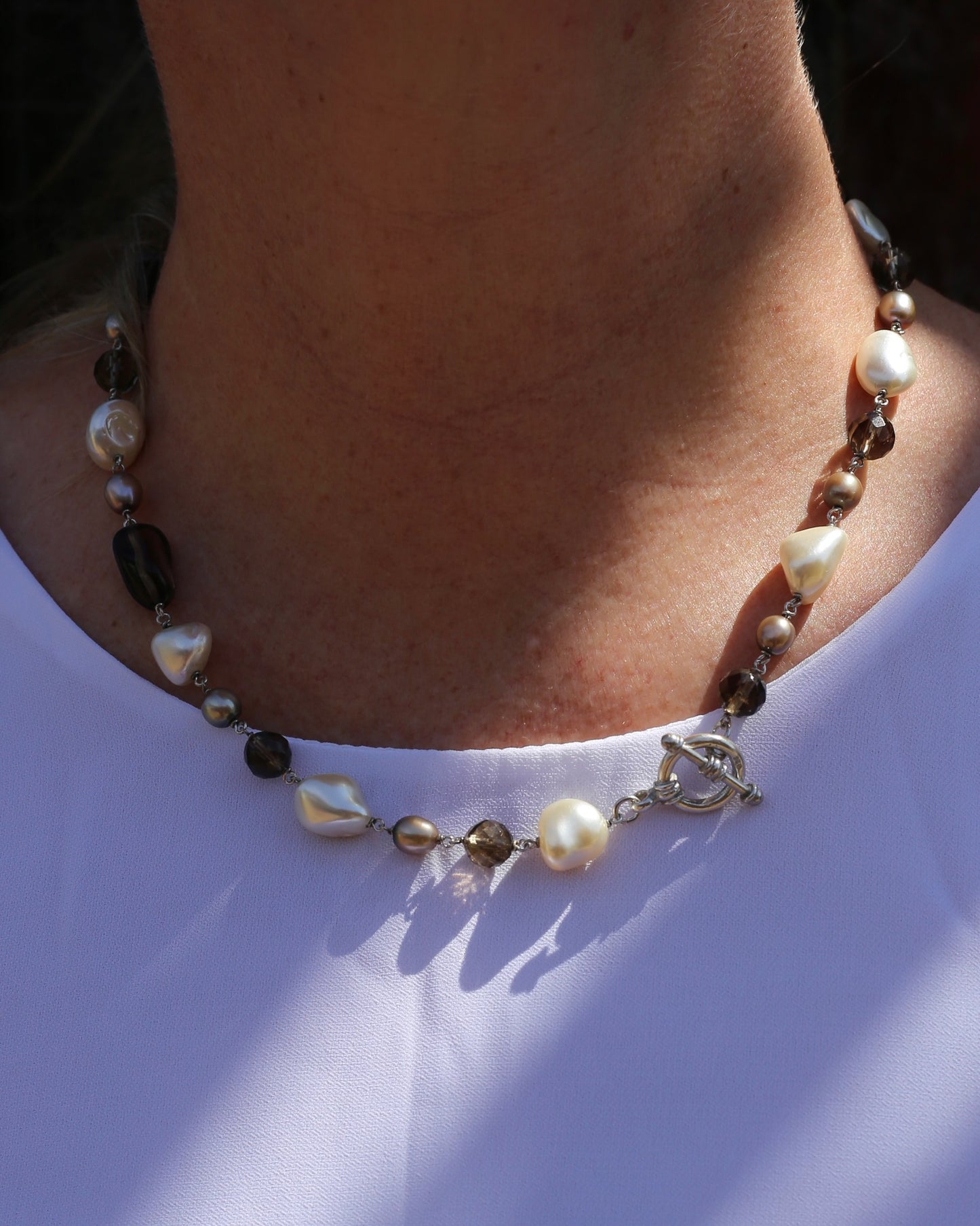 Baroque White Pearl, Grey Pearl and Smoky Quartz Neckalce, Silver Clasp and Findings, 43g
