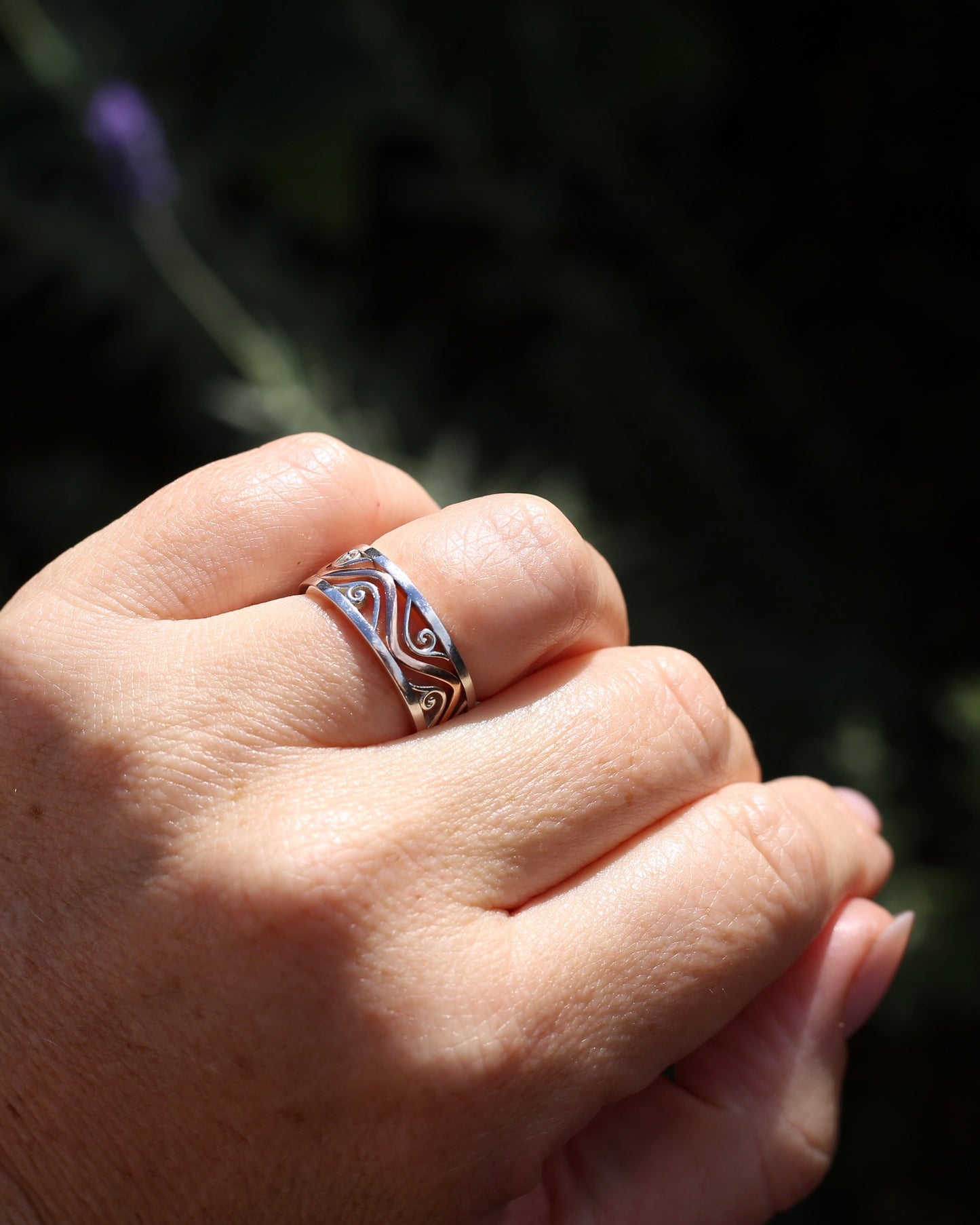 Silver and Rose Gold Filigree Swirl Band, Sterling Silver and 9ct Rose Gold, size P or 7.5 (fits more like an O)