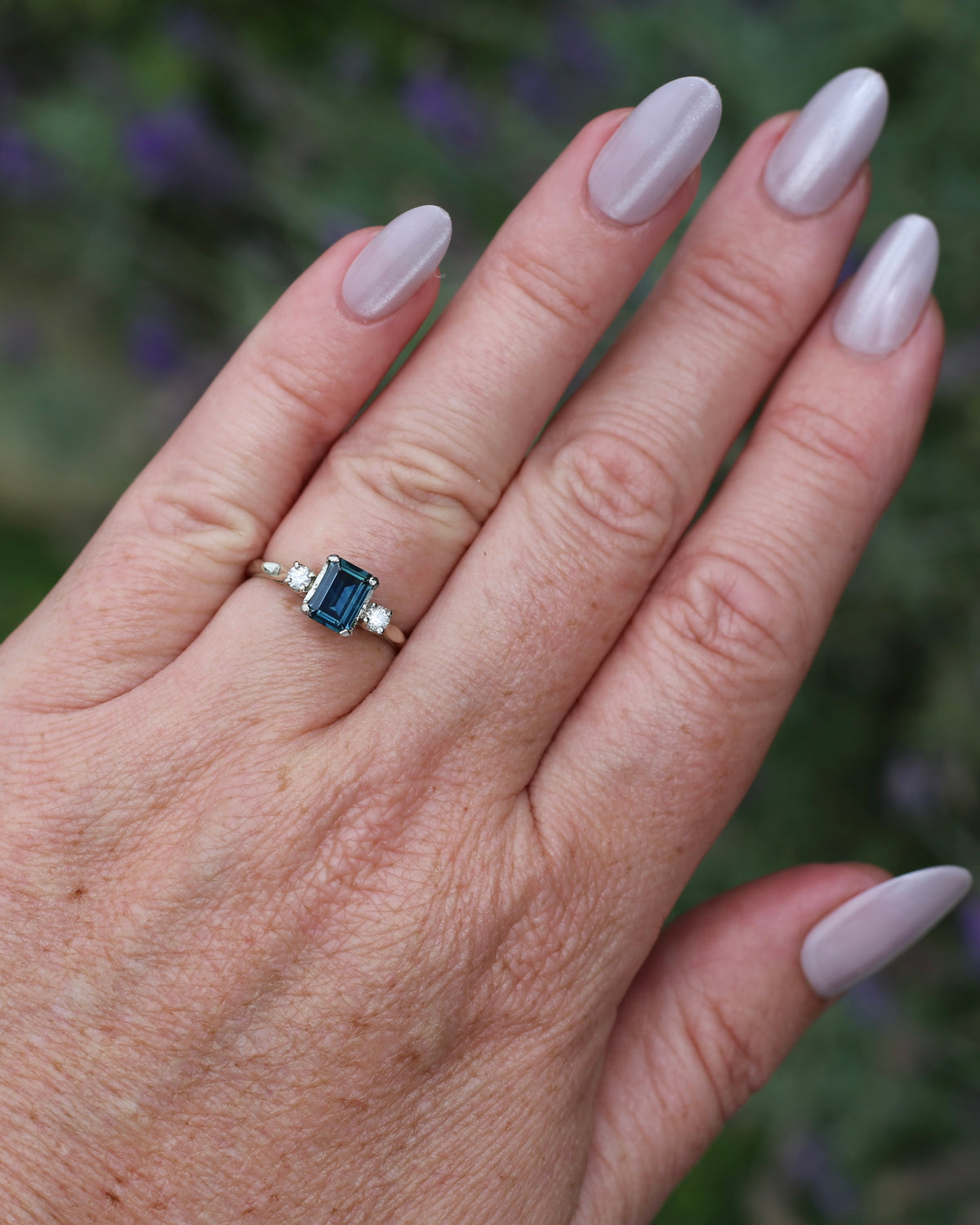 1.1ct Emerald Cut Natural Blue Teal Sapphire and Diamond Trilogy, 18ct White Gold and Platinum, size O or just over 7, 2.27g