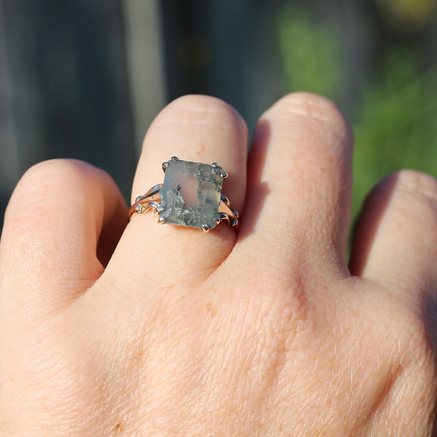 4.95ct Emerald Cut Moss Agate Ring with Fabulous Double Claws, 9ct Older Rosey Gold, size N1/2 or 6.75