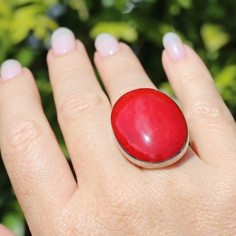 Large Red Oval Cabochon Resin ring, sterling silver, size O or 7.25