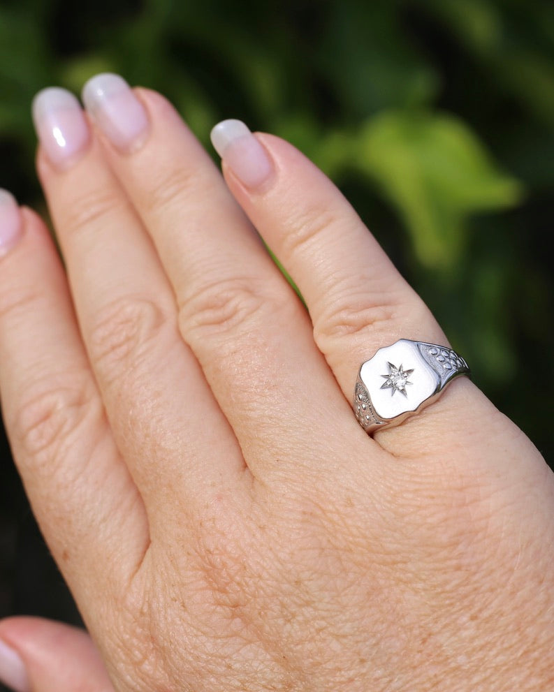 Vintage Shield Signet With Old Cut Diamond, 18ct White Gold, size N or just over 6.5 (fits more like an L1/2-M due to width), 6.86g