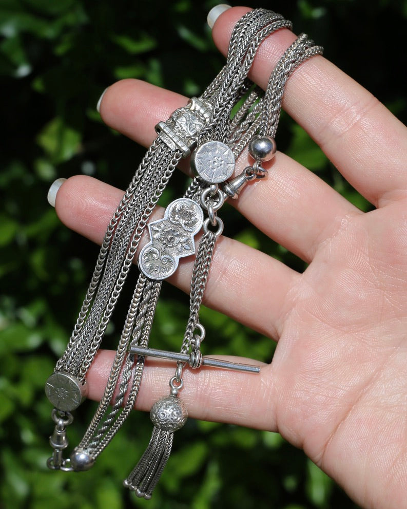 Antique 1901 Double Albertina Necklace with T-bar and Tassel, Sterling Silver, 43.75g