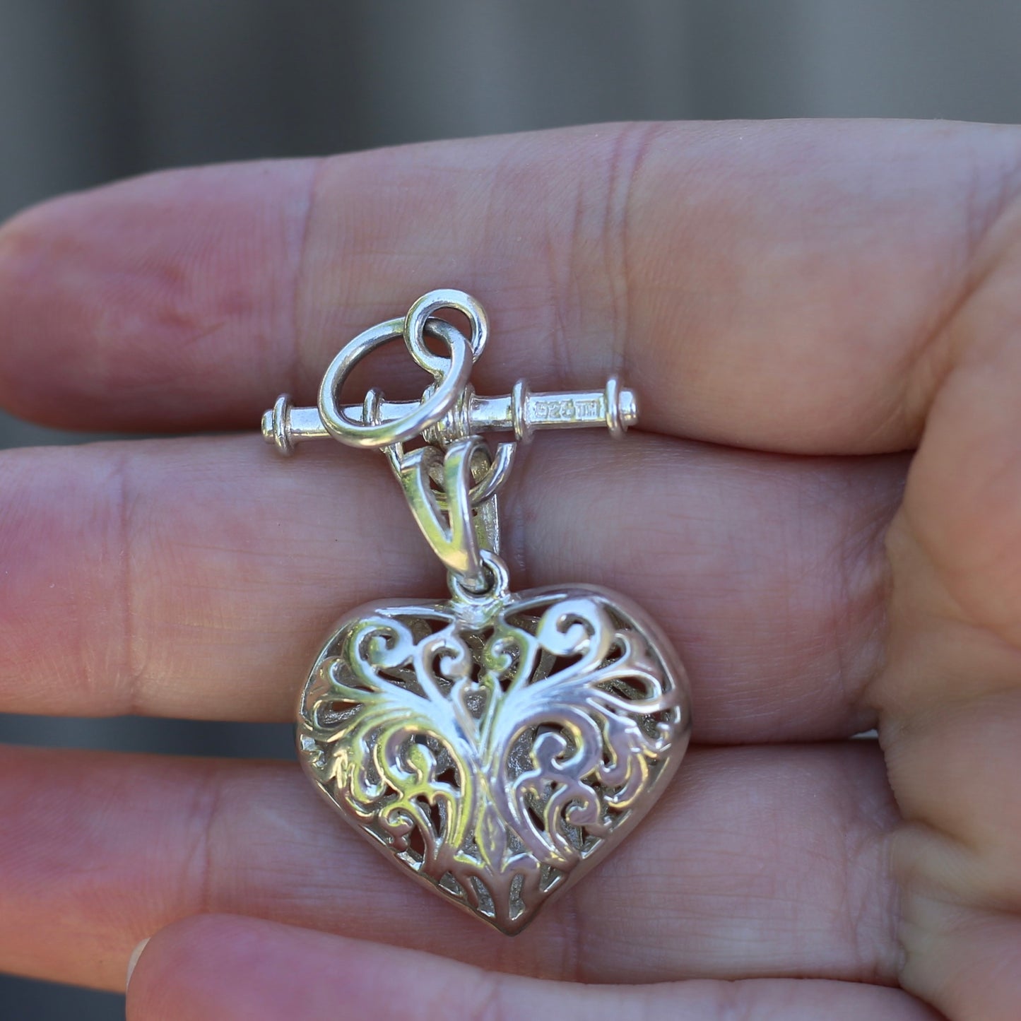 Modern Filigree Heart Fob with T-bar, 7.79g