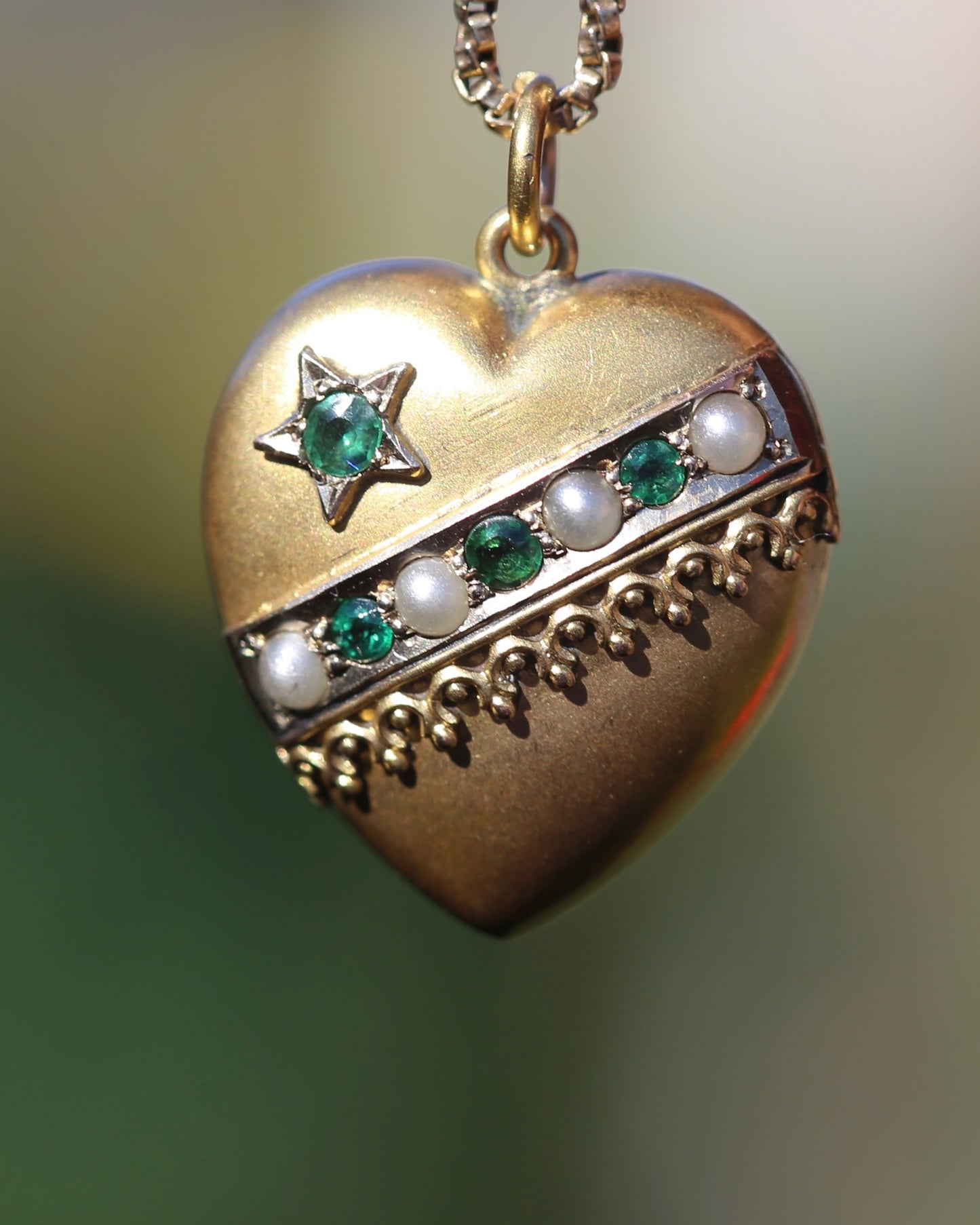 Early Australian Aronson & Co Puffy Heart set Pendant with Pearl and Green Gems, 9ct Yellow Gold, 2.59g