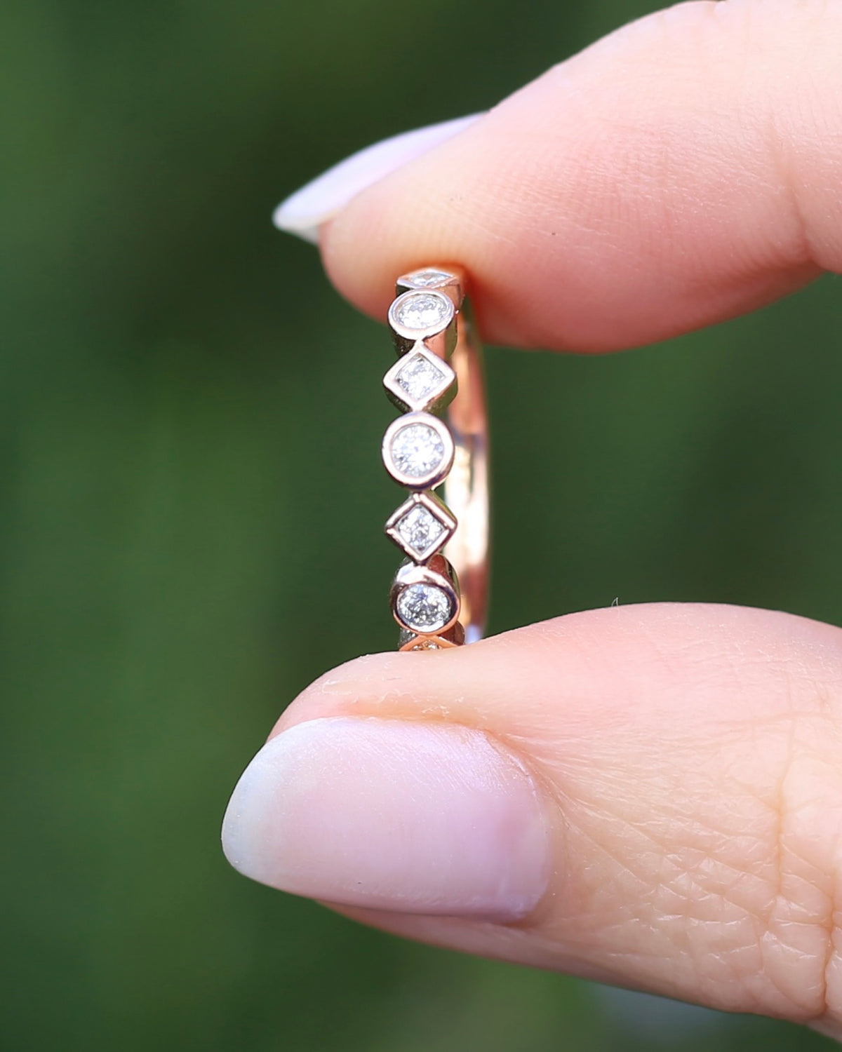 0.25ct 7 Stone Natural Diamond Bezel Set Round and Geometric Rose Gold Stacker, 10ct Rose Gold, size O or 7.25