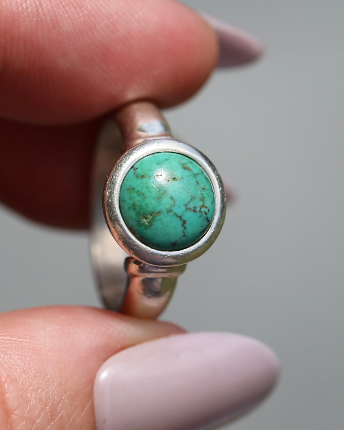 Natural Turquoise Cabochon Bezel Set Ring, Sterling Silver, size Q or just over 8, 7.3g