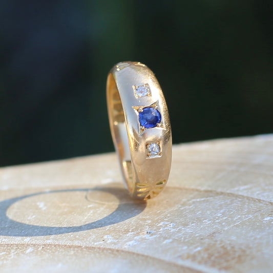 1896 Old Cut Sapphire and Diamond Gypsy Set Ring, 18ct Yellow Gold, size N or 6.75