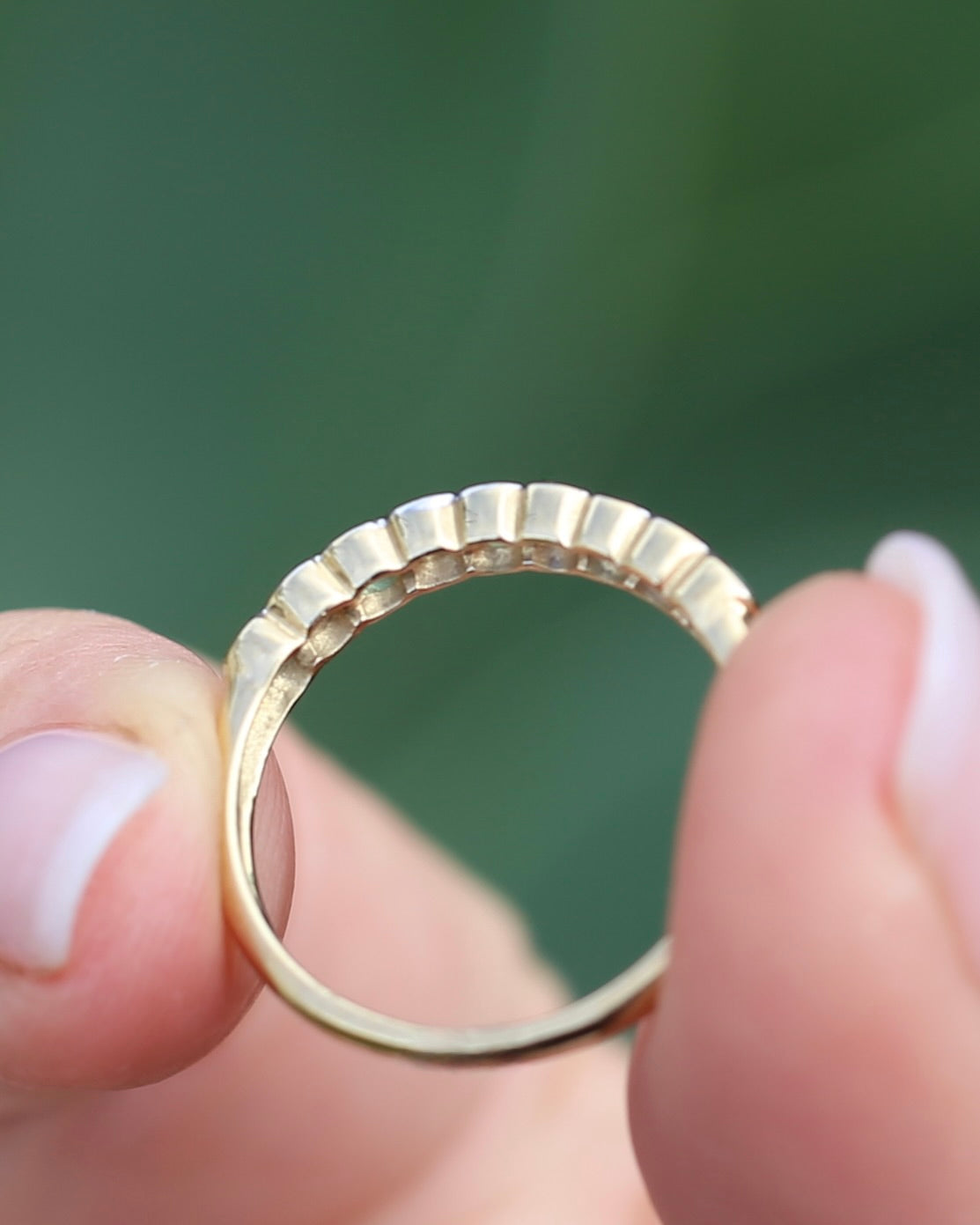 Natural Emerald and Diamond Half Hoop, 9ct Yellow and White Gold, size O or 7.25, 1.76g