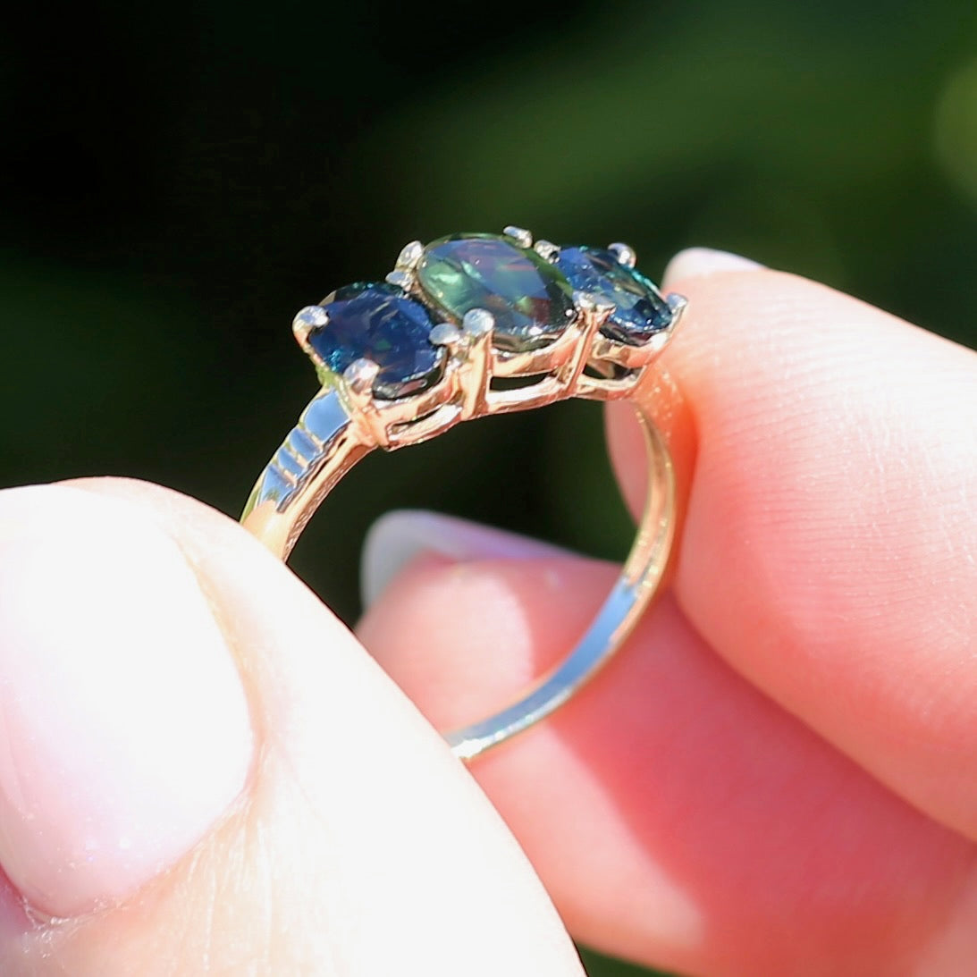 Australian Green and Blue Sapphire Trilogy, 9ct Yellow Gold, size N or 6.75