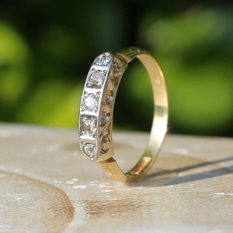 1930s Old Cut 5 Stone Diamond Ring, Platinum and 18ct Yellow Gold, size L or 5.75