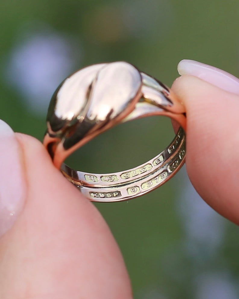 Antique 1907 Birmingham Made Double Snake Ring, 9ct Old Rosey Gold, size I1/2 or 4.5, 3.22g