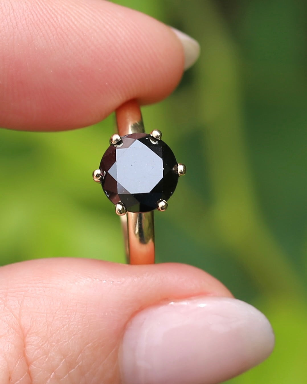 Black Moissanite Solitaire, 6 claw set 14ct Yellow Gold, size N1/2 or nearly 7, 3.63g