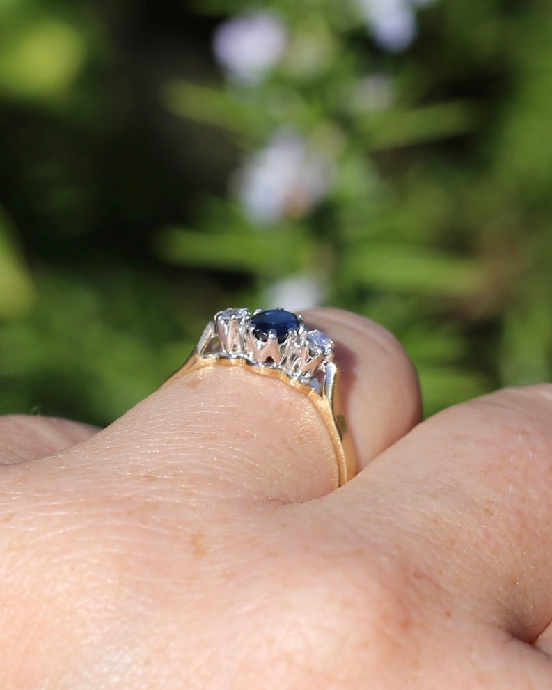 Sapphire and Diamond Trilogy, 9ct Yellow Gold and Palladium, size P or 7.75, 2.32g