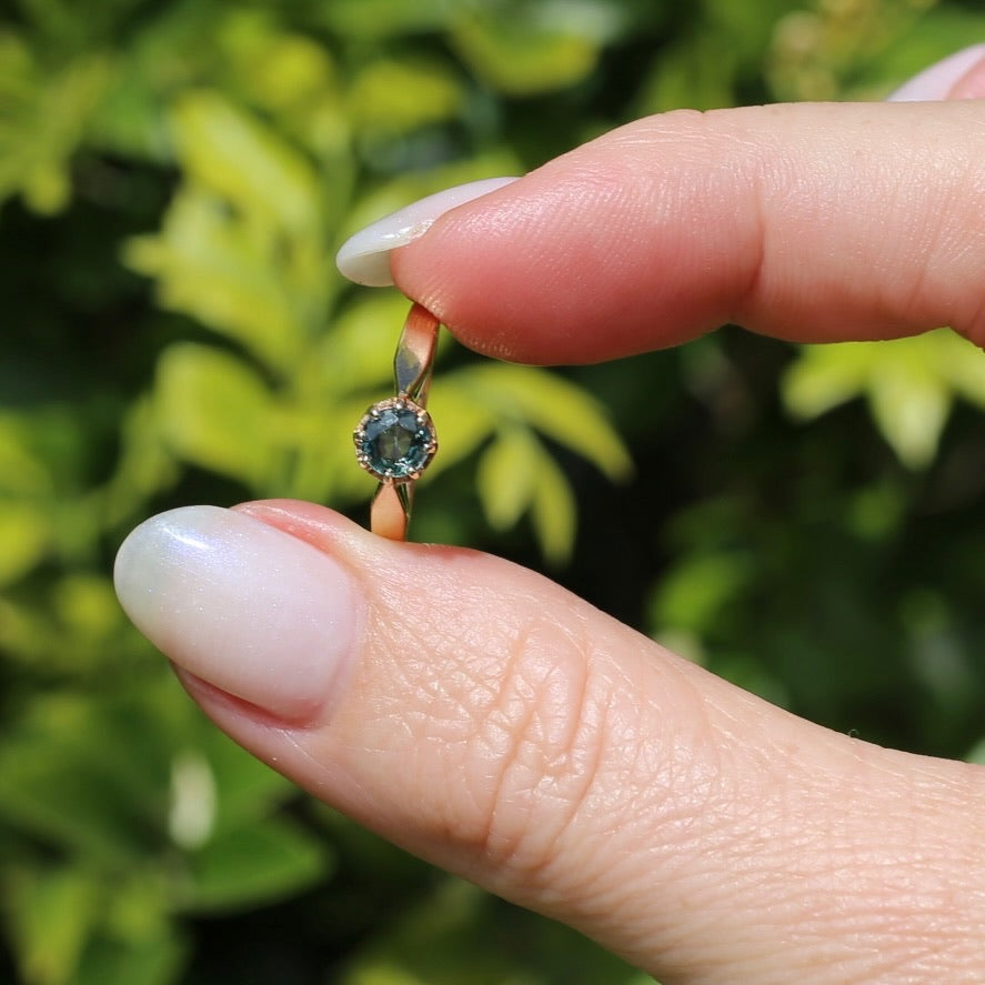 Seafoam Sapphire Solitaire in 8 Claw Setting, 9ct Yellow Gold, size L or just under 5.5