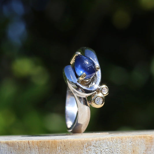 Chunky Asymetrical Mixed Metal Pear Sapphire Cabochon and Diamond ring, 18ct Yellow and White Gold, size 7.5 or just over O1/2