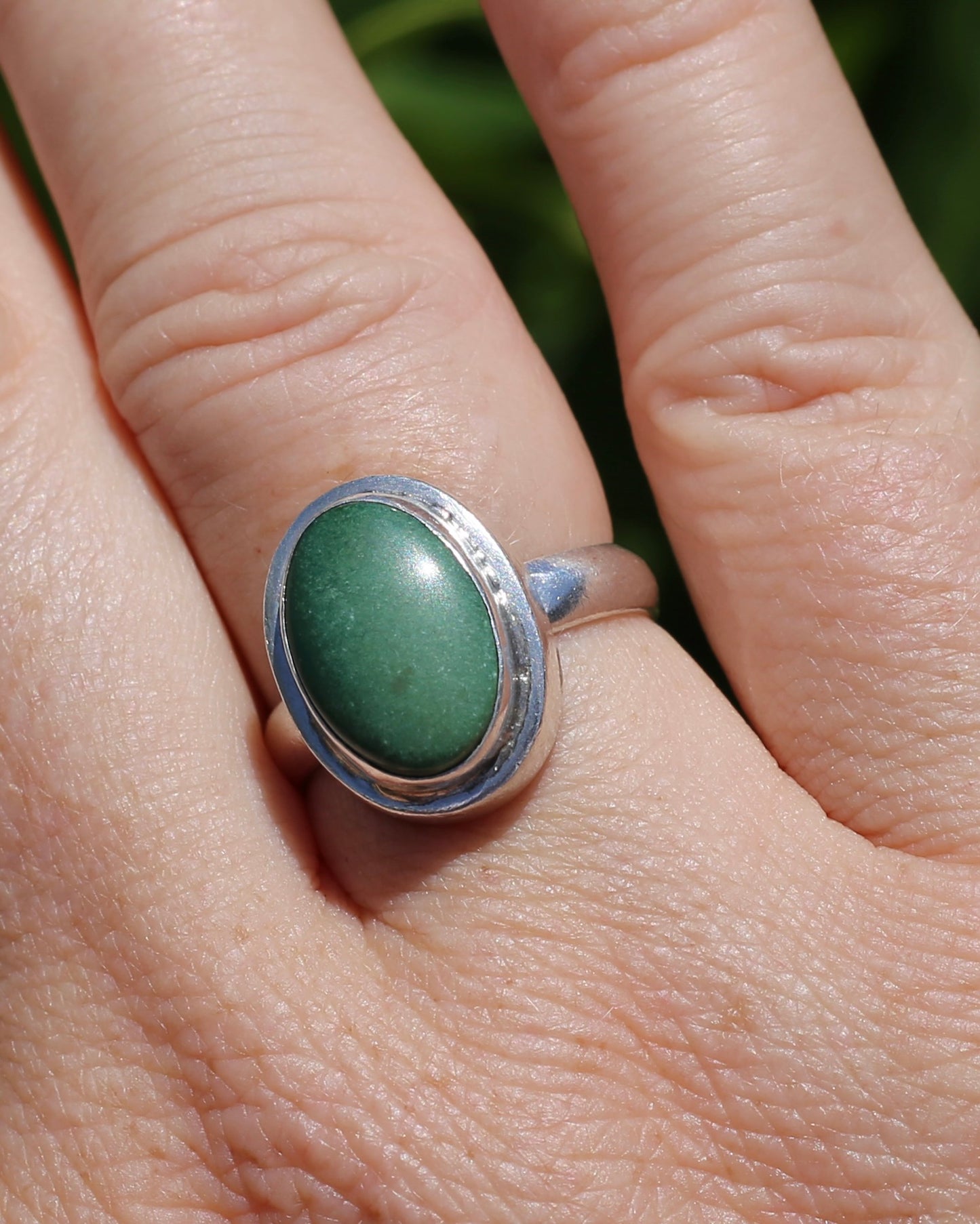 Natural Green Turquoise Bezel Set Ring, Sterling Silver, size P or 7.5, 6.0g