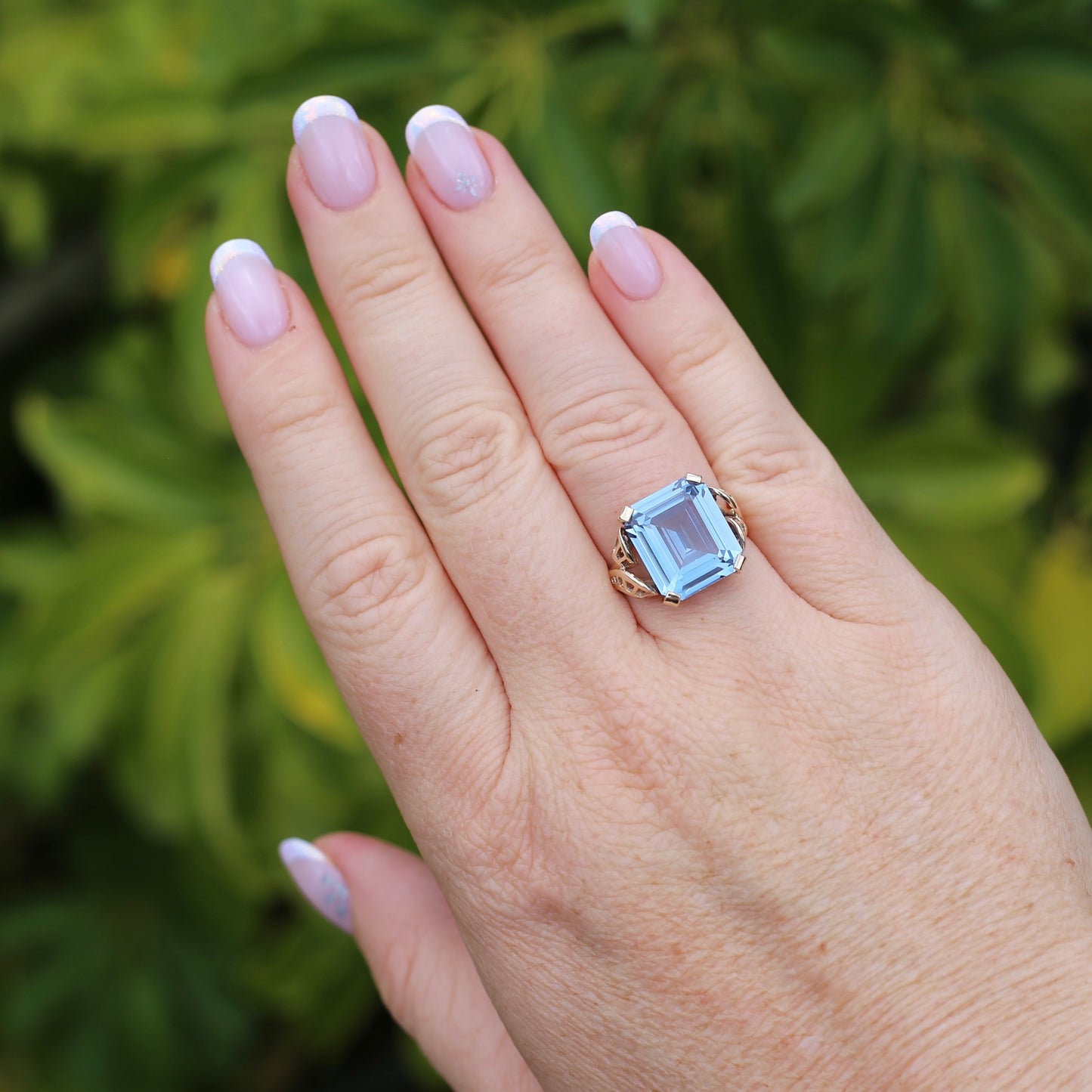 Mid Century Emerald Cut Blue Spinel Cocktail Ring, size N1/2 or 6.75