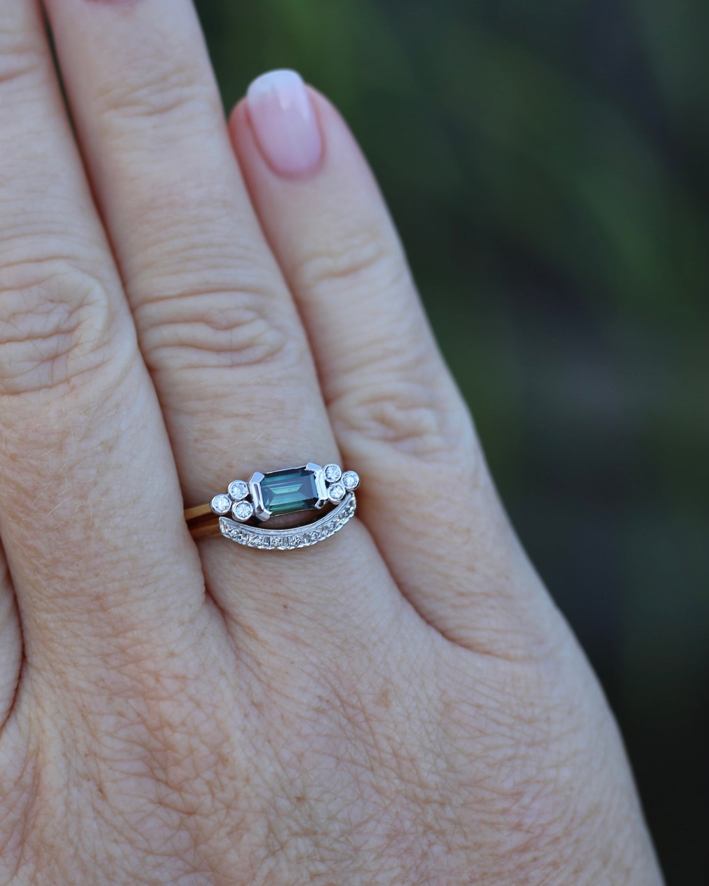 Vintage East West Set Natural Sapphire and Diamond Ring, 18ct Yellow and White Gold, size O or 7.25, 3.36g, with valuation