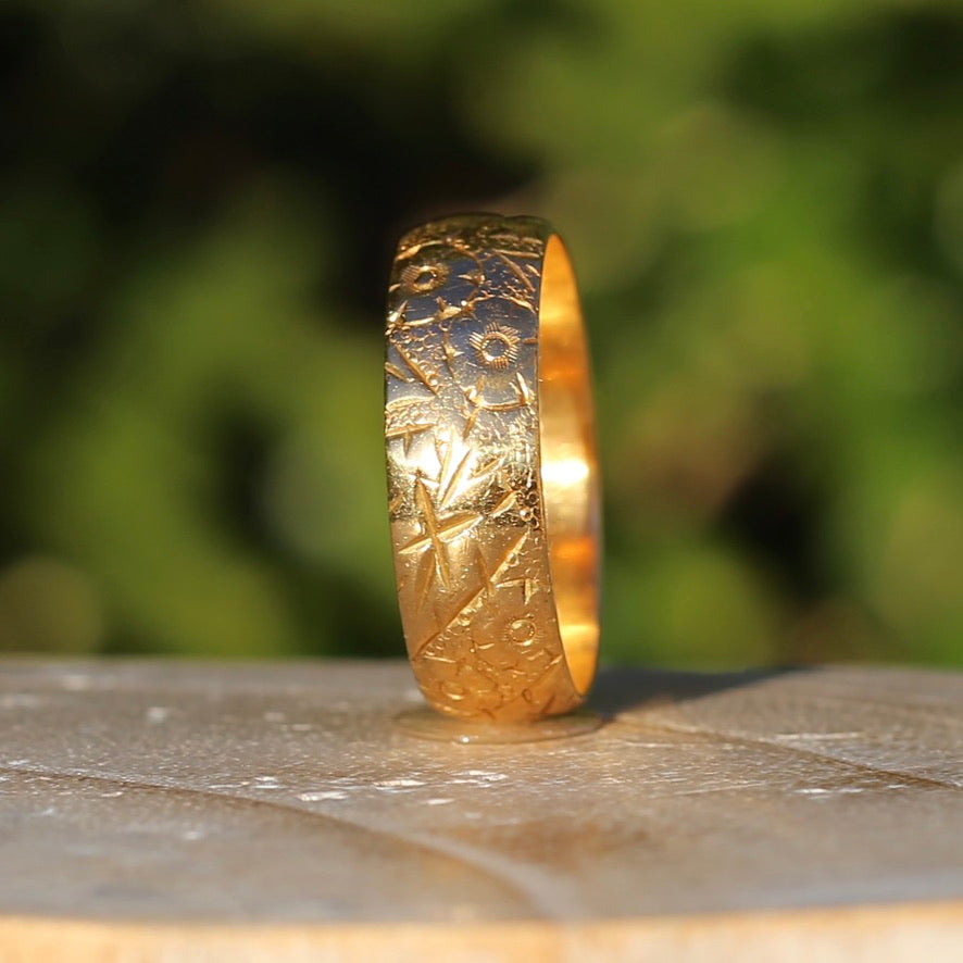 1964 22ct Half Round Band with Crisp Floral Engravings, size U1/2 ot 10.5 (fits about T1/2 or 9.75)