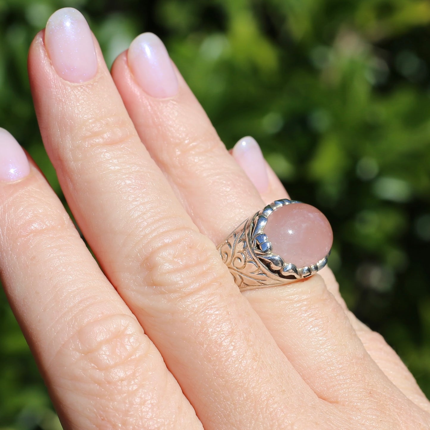 Rose Quartz Cabochon Ring, Sterling Silver, size O or 7.25