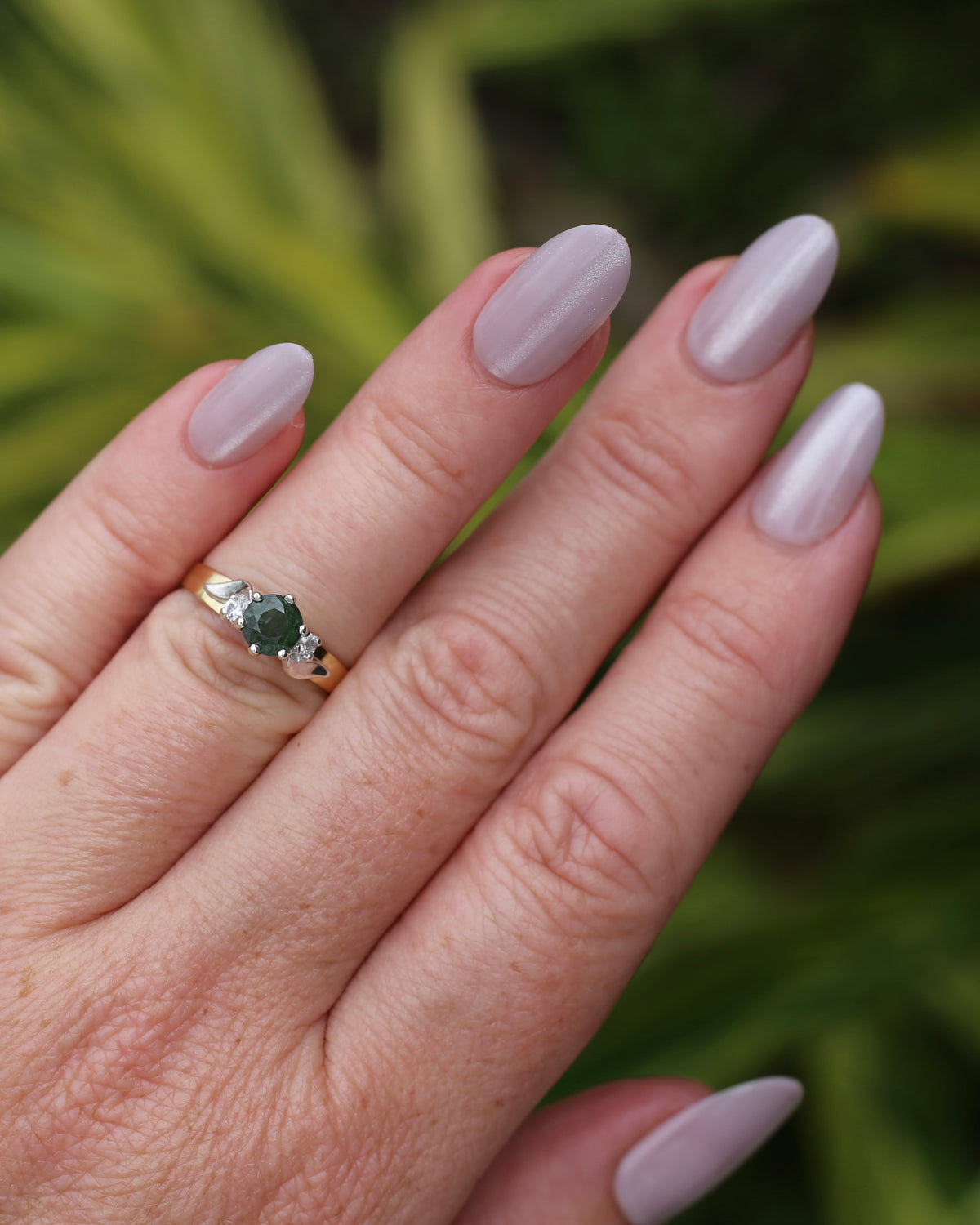 1ct Natural Green Sapphire Ring with White Spinel Side Stones, Silver and 9ct Yellow Gold, size M or 6.25, 2.1g
