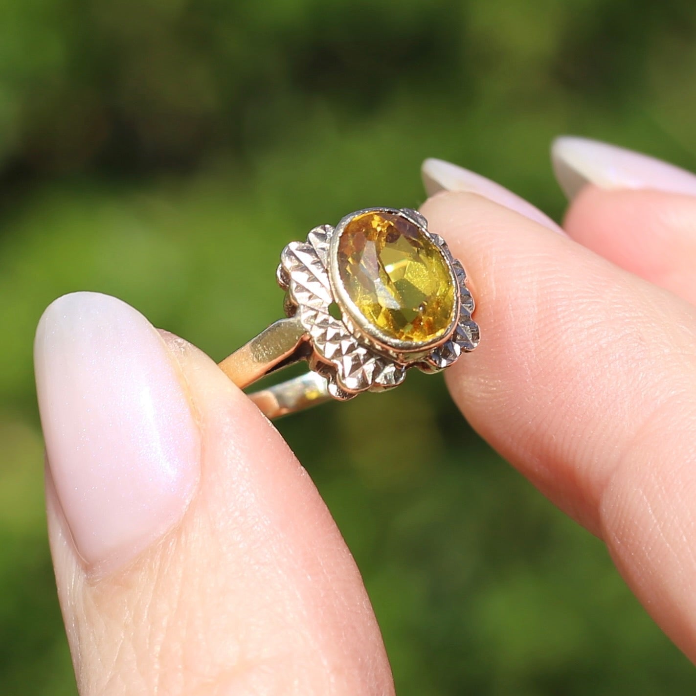 1994 Yellow Sapphire With Detailed Edges, 9ct Yellow Rosey Gold, size P or 7.5