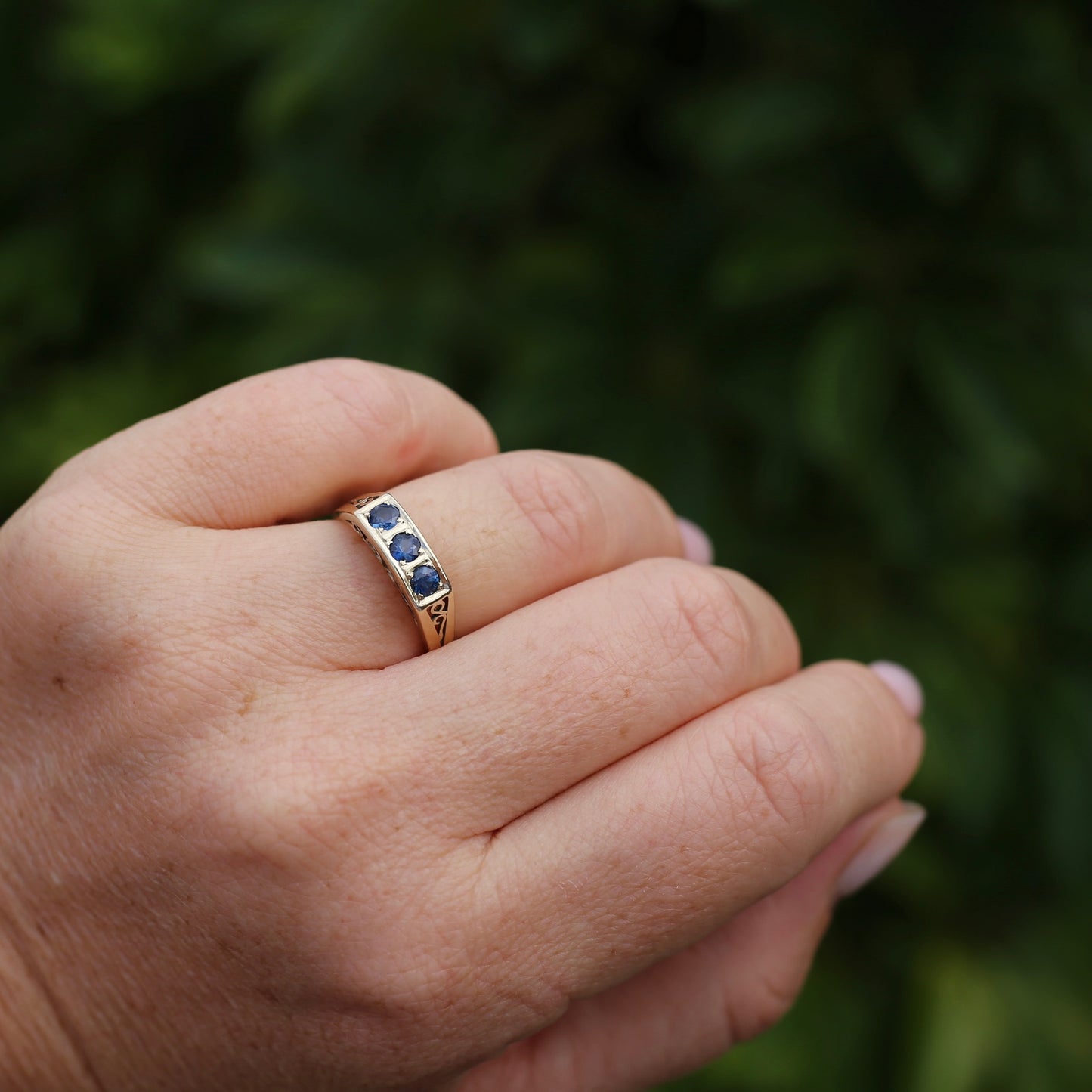 Natural Sapphire Trilogy, Swirl Shouders and Under gallery, 14ct Yellow Gold, size P or 7.5