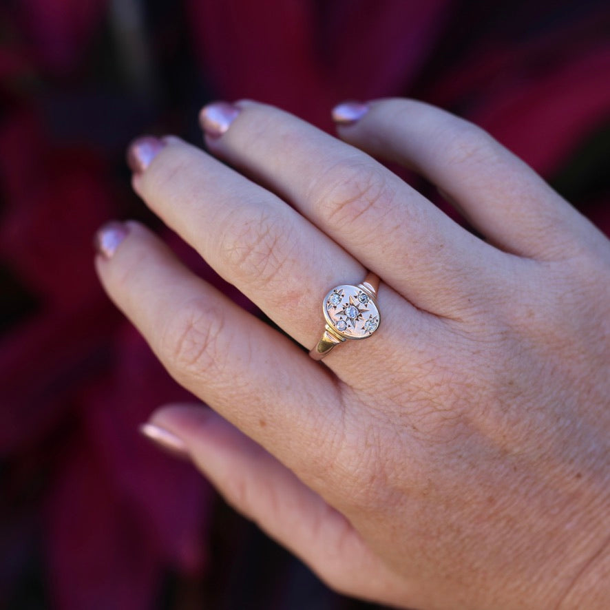 Early Australian Joseph Lawrence Signet Ring, Star Set with 5 Old Cut Diamonds, size T or 9.5