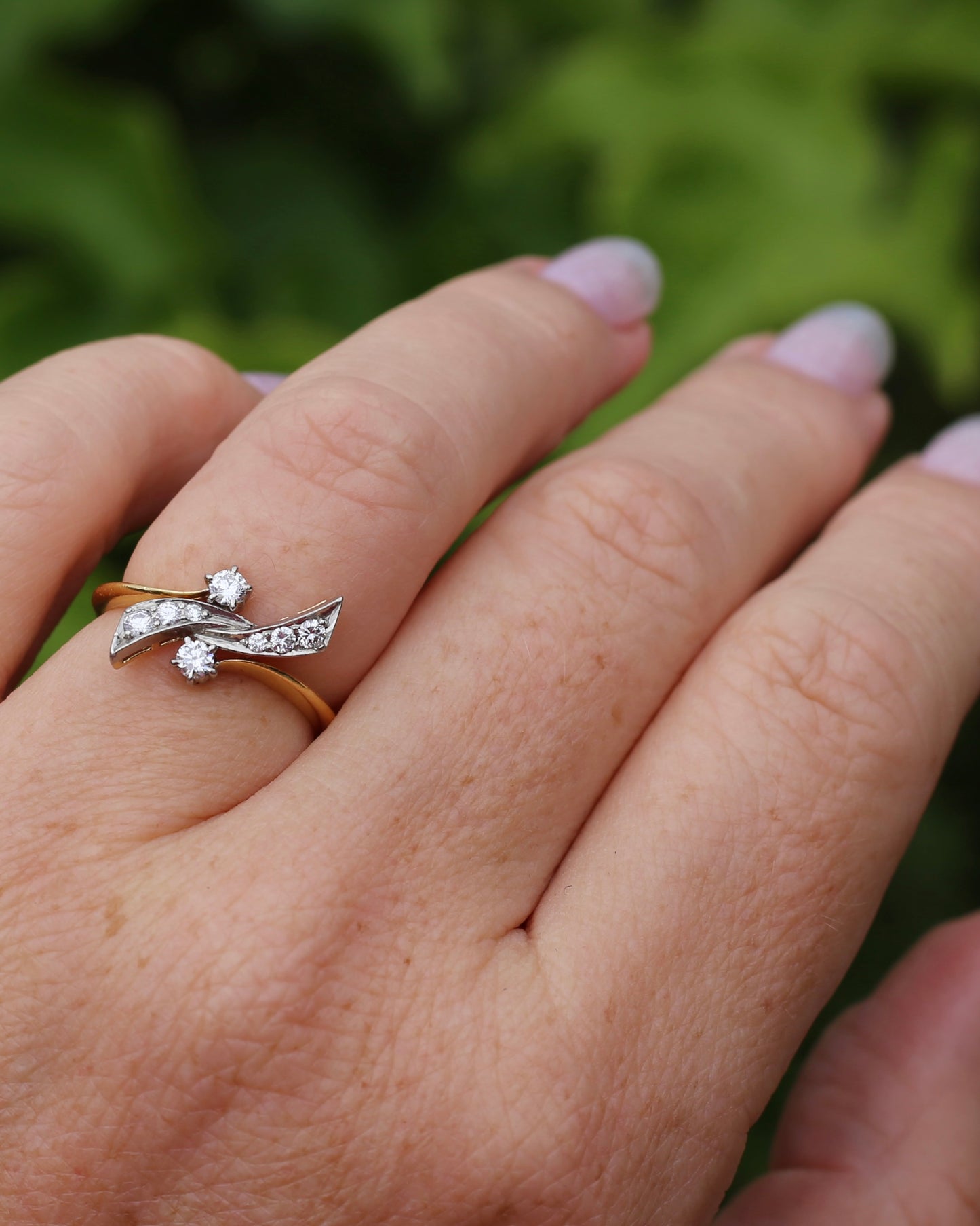 Antique Circa 1910 "Belle Epoque Toi et Moi" Asymmetric Diamond Bow Ring, 18ct Yellow Gold and Platinum, size L1/2 or 6, 3.62g