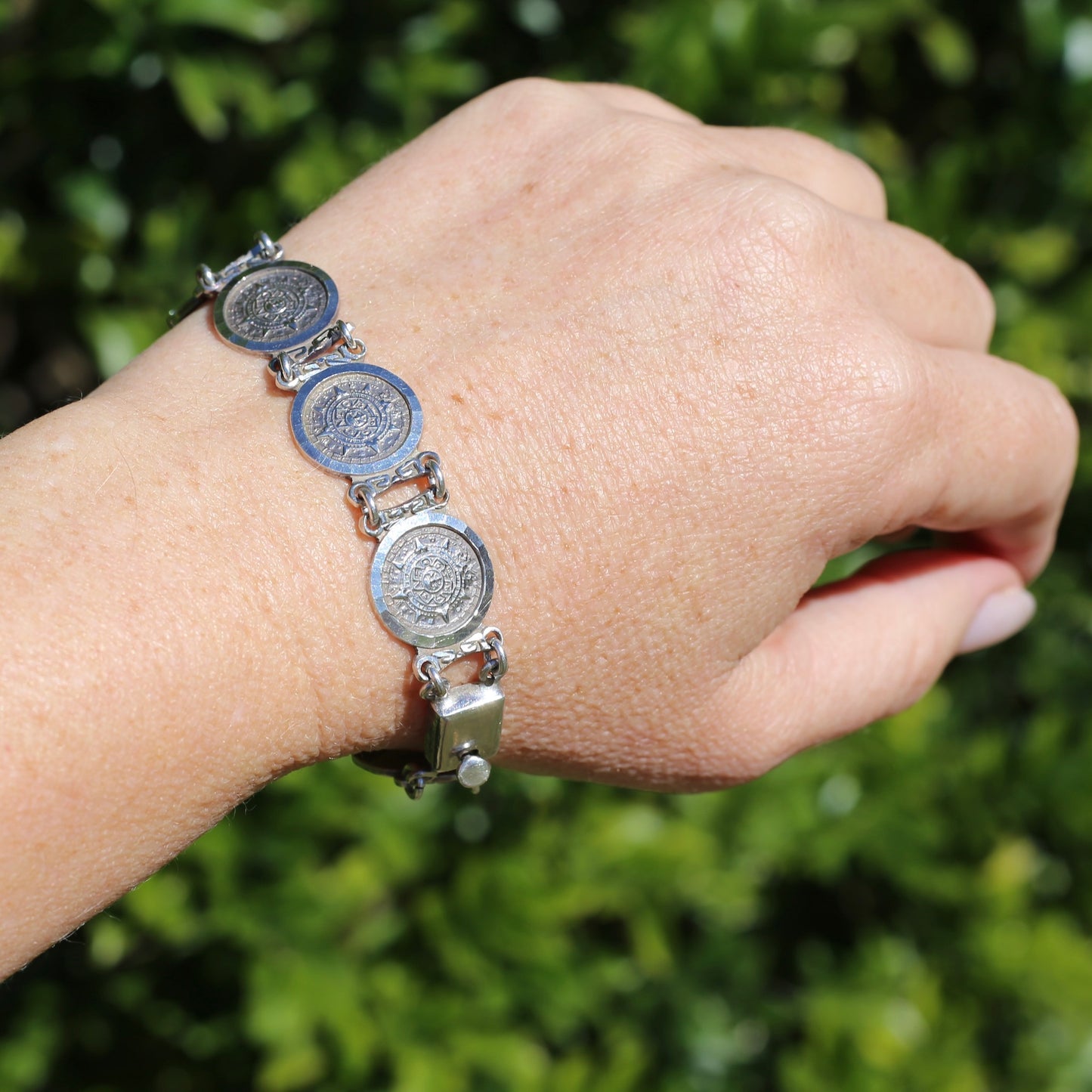 Vintage 1980s Maya Calendar Coin Bracelet, made in Mexico 950 Silver, 20cm or just under 8 inches