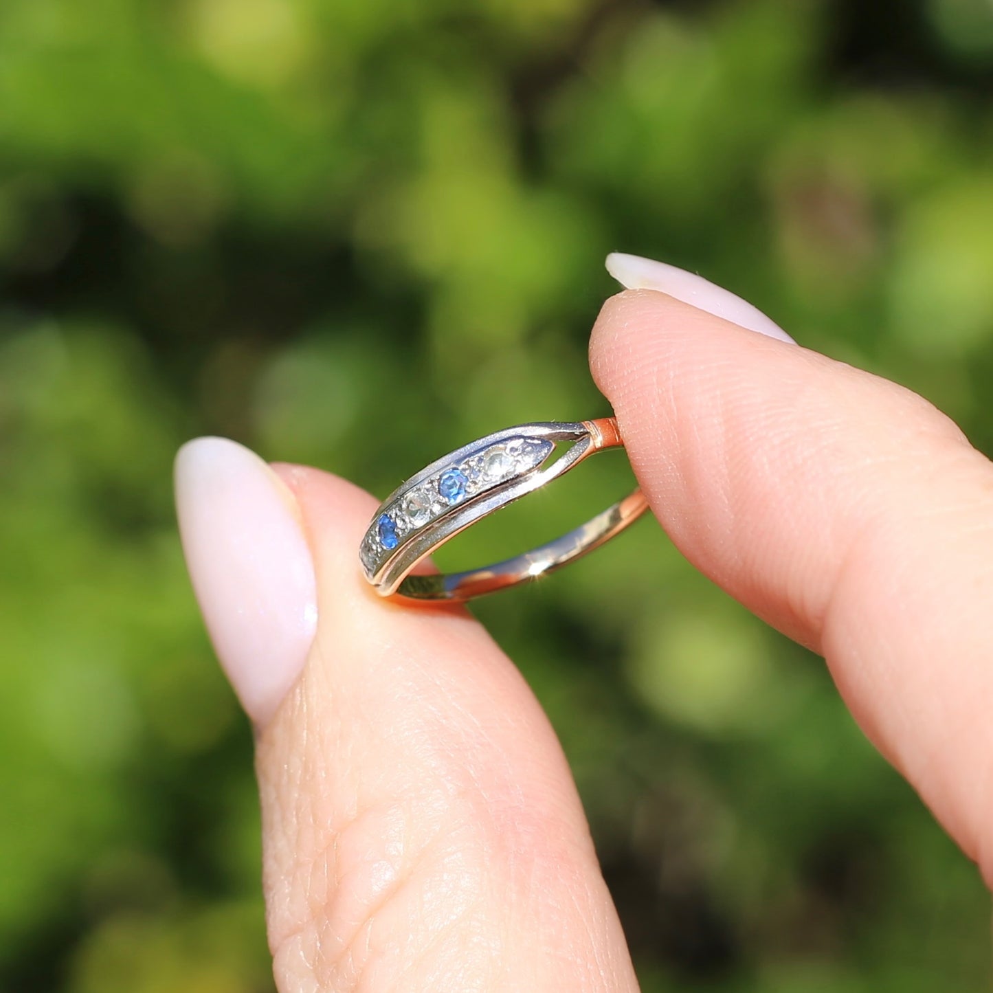 1930s 15ct Gold and Platinum 5 Stone Spinel Ring, 15ct Yellow Gold & Platinum, size M1/2 or 6.5