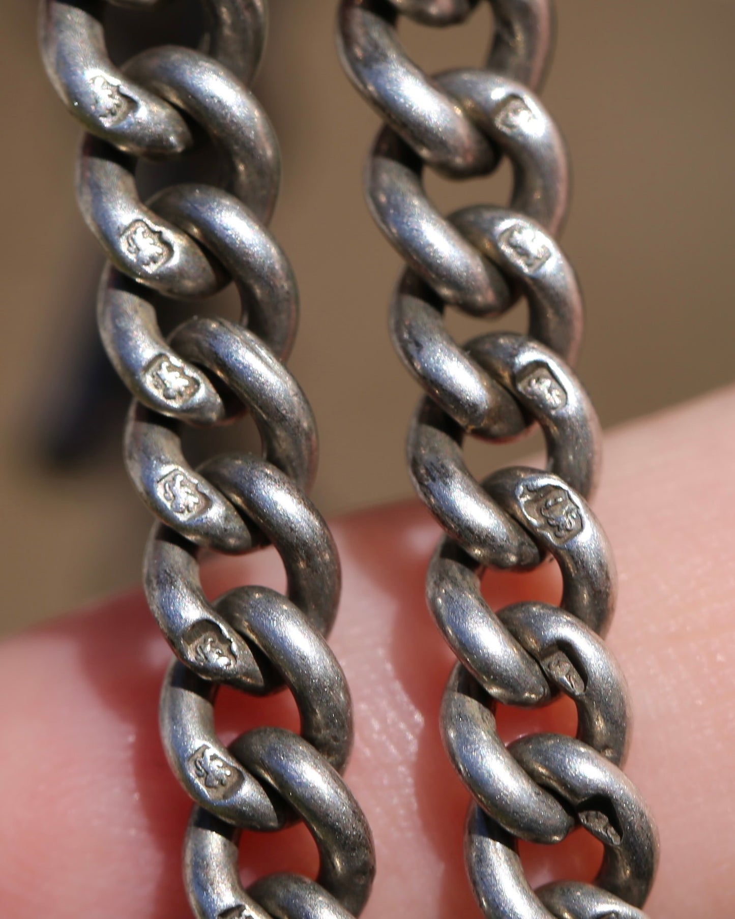 Antique 1920 Birmingham Made Double Graduated Watch Chain, Sterling Silver (and Rose Gold Face) T-Bar and Fob, 38.5cm, 53g