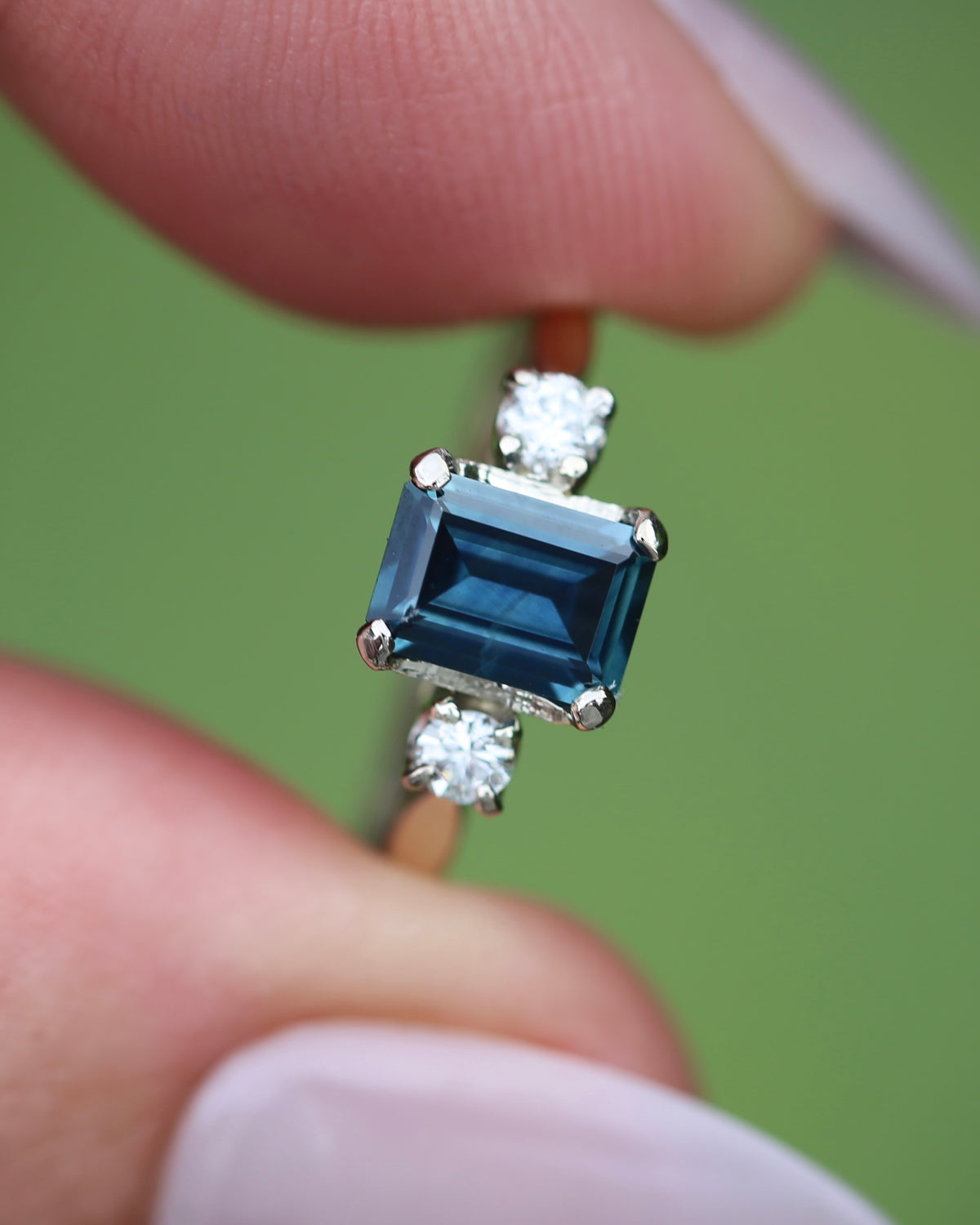 1.1ct Emerald Cut Natural Blue Teal Sapphire and Diamond Trilogy, 18ct White Gold and Platinum, size O or just over 7, 2.27g