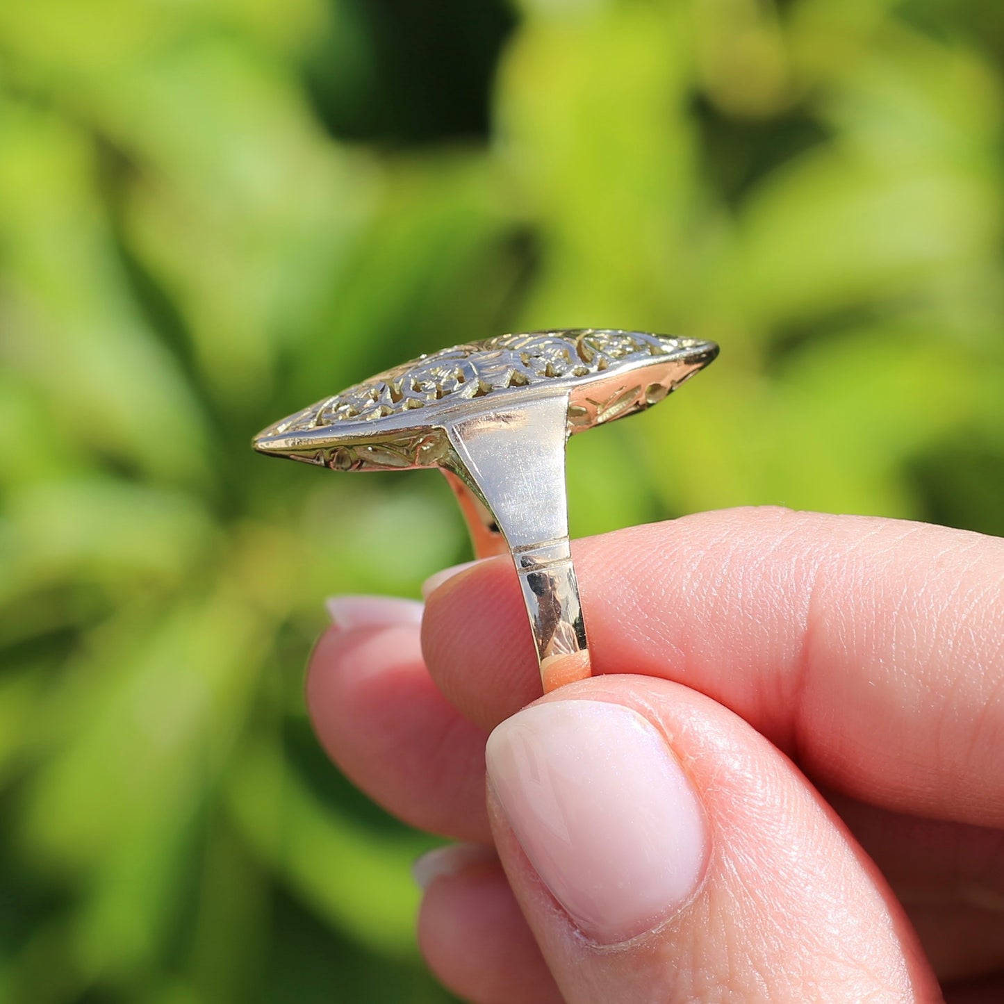 Hand Carved Navette Ring, 14ct Yellow Gold, size Q or 8.25g