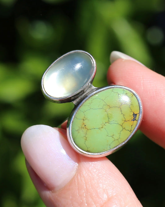 Vintage Green Turquoise and Moonstone Ring, Sterling Silver, size M or 6.25
