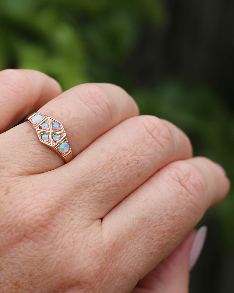 Outstanding Opals in Birmingham Made Rose Gold Shield Faced Ring, 9ct Rose Gold, size Q or 8.25, 2.57g