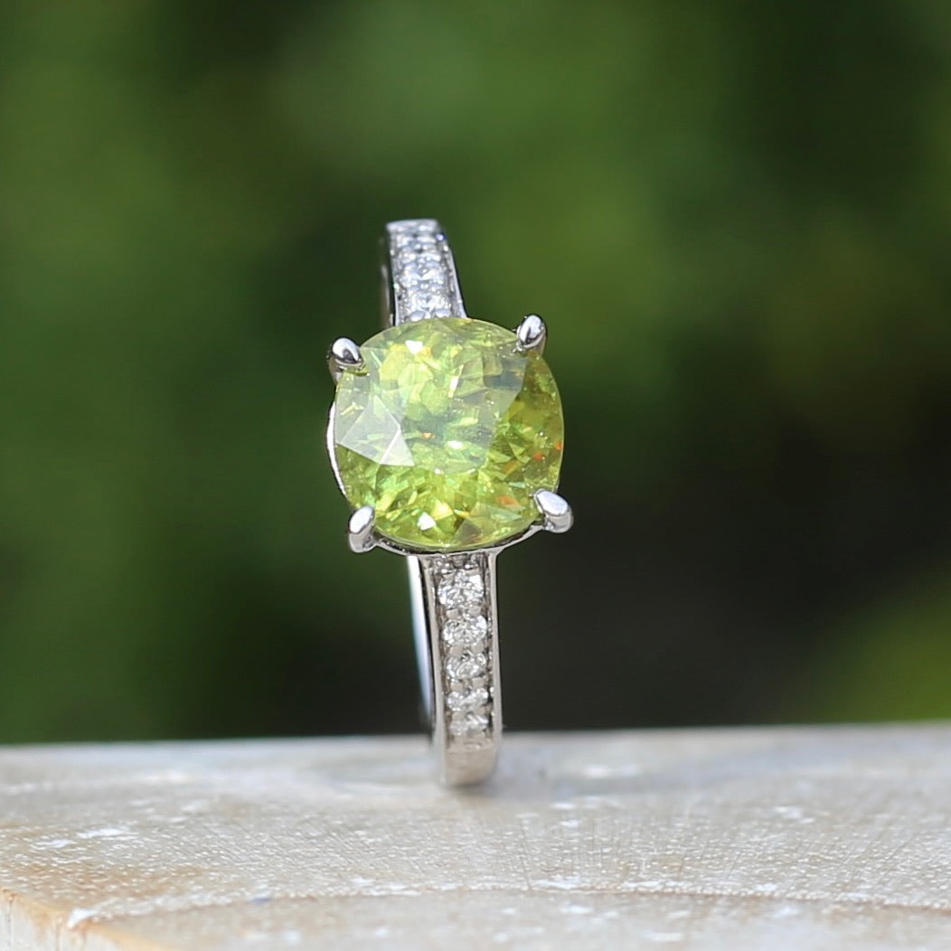 4.11ct Green Zircon and Diamond Ring, 14ct White Gold, size N1/2 or 7, with valuation