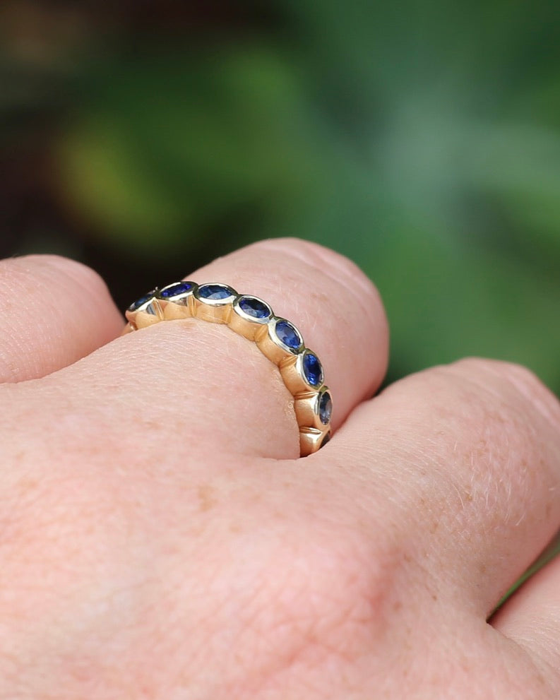 Second Glance - 9 Stone Bezel Set Blue Sapphire Bubble Half Eternity Ring, 9ct Yellow Gold, size N or just over 6.5, 2.80g