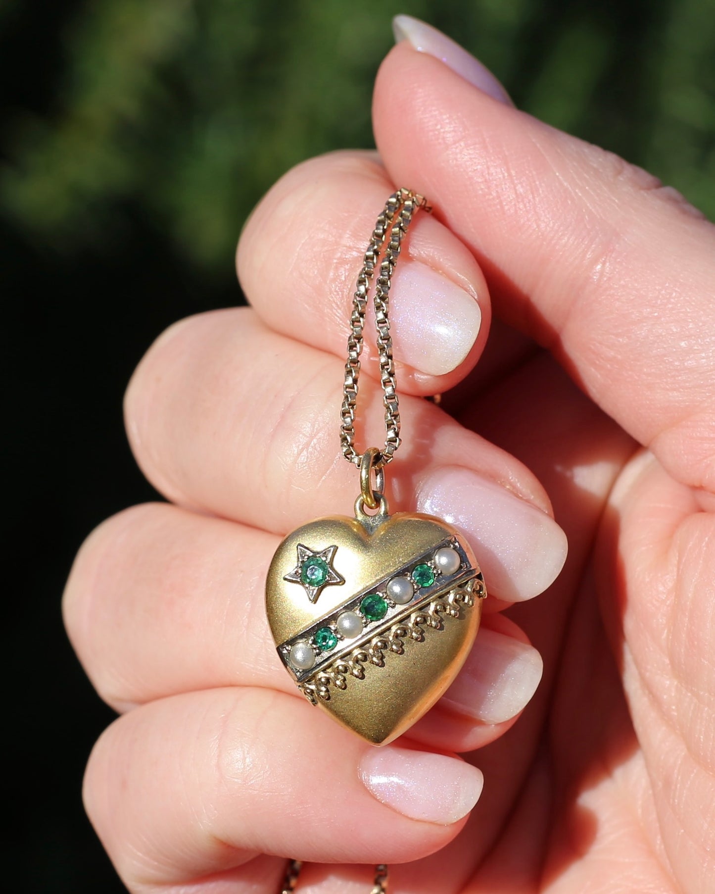 Early Australian Aronson & Co Puffy Heart set Pendant with Pearl and Green Gems, 9ct Yellow Gold, 2.59g