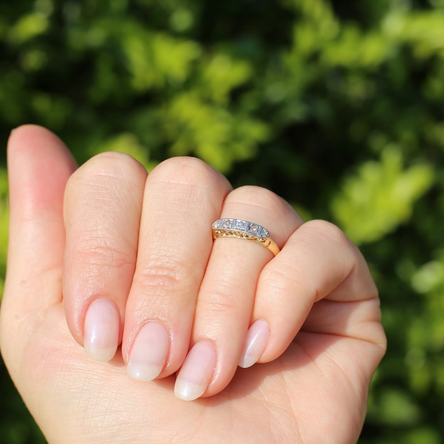 1930s Old Cut 5 Stone Diamond Ring, Platinum and 18ct Yellow Gold, size L or 5.75