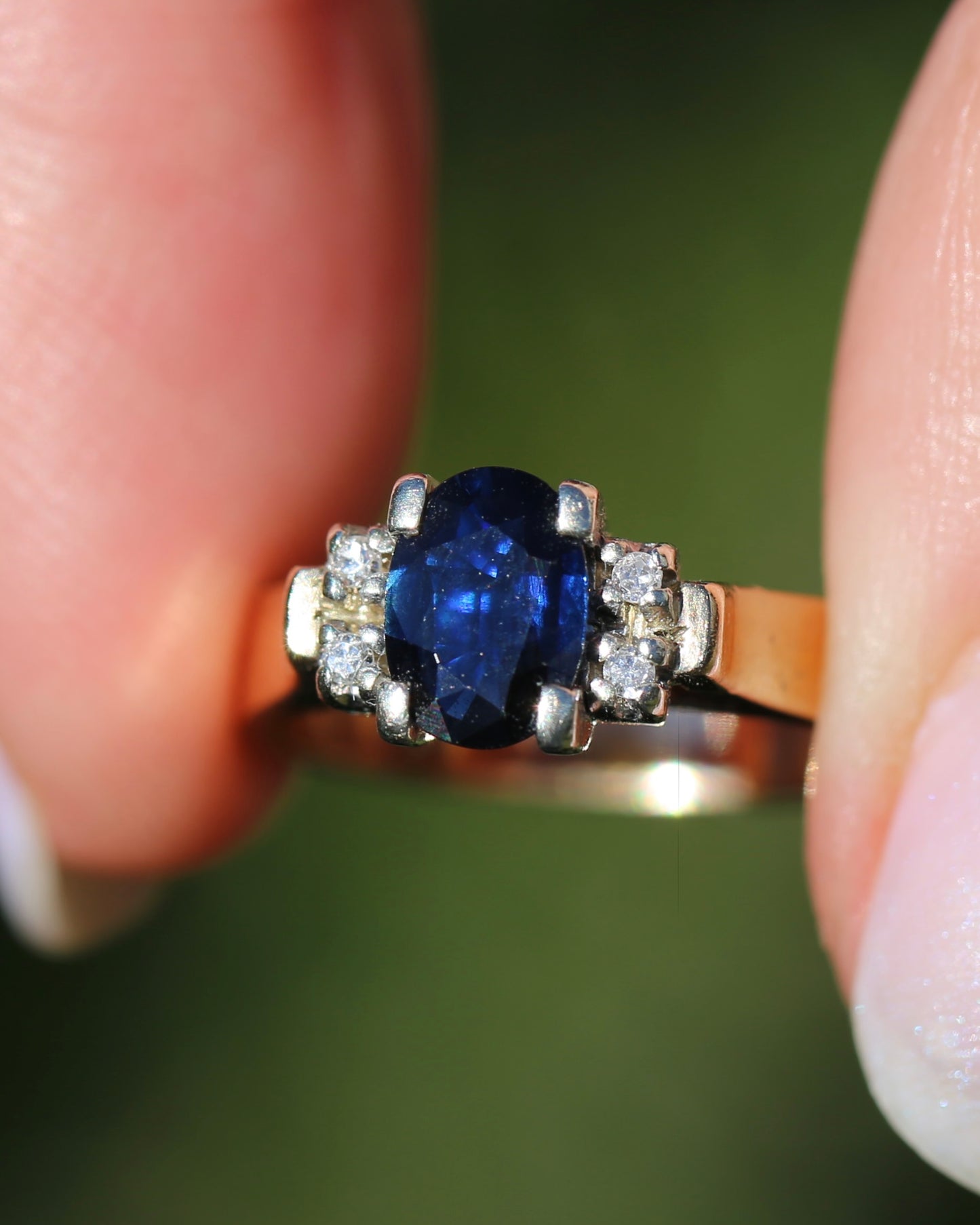 Circa 1970s Natural Sapphire and Diamond Ring, 9ct Yellow and White Gold, size M or 6.25, 4.19g