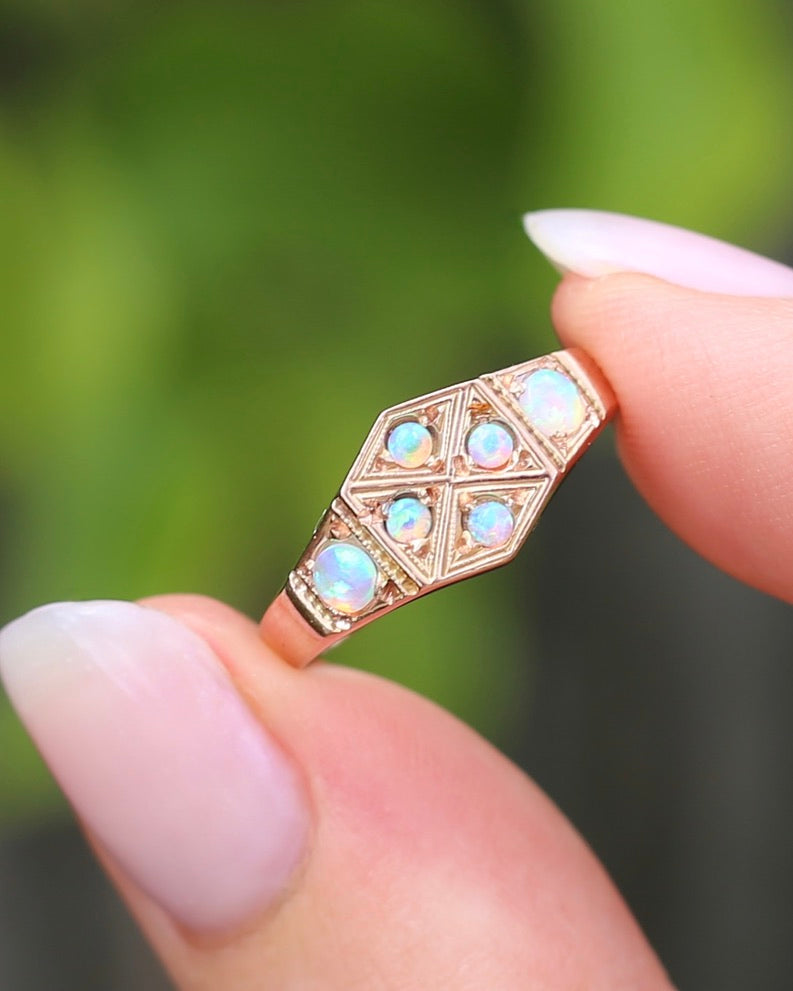 Outstanding Opals in Birmingham Made Rose Gold Shield Faced Ring, 9ct Rose Gold, size Q or 8.25, 2.57g