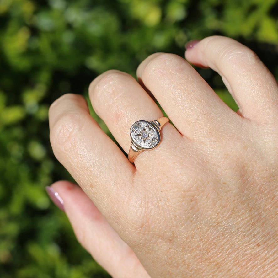 Early Australian Joseph Lawrence Signet Ring, Star Set with 5 Old Cut Diamonds, size T or 9.5