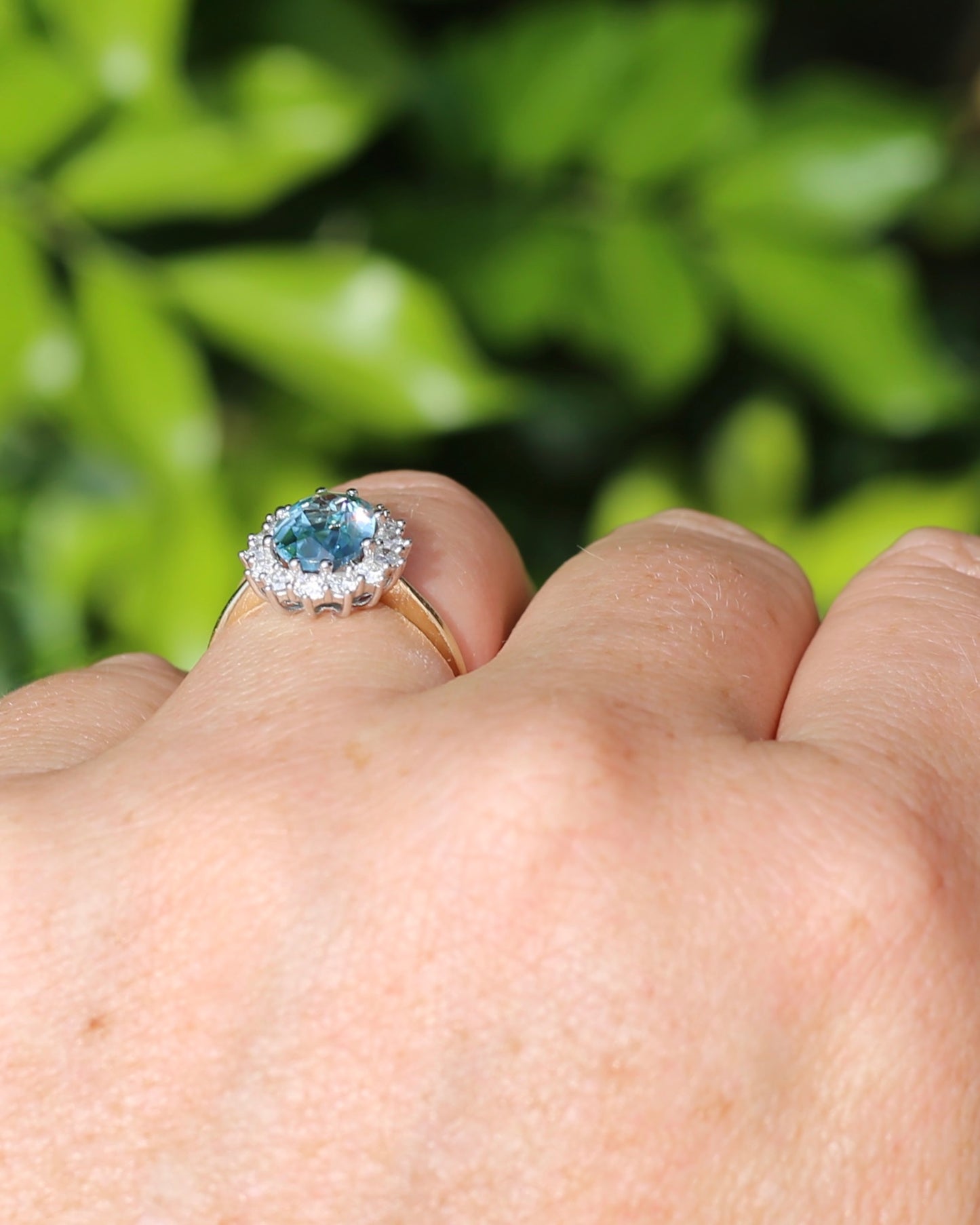 2.79ct Oval Blue Zircon and Diamond Halo, Vintage 9ct White and Yellow Gold, size M1/2 or 6.5
