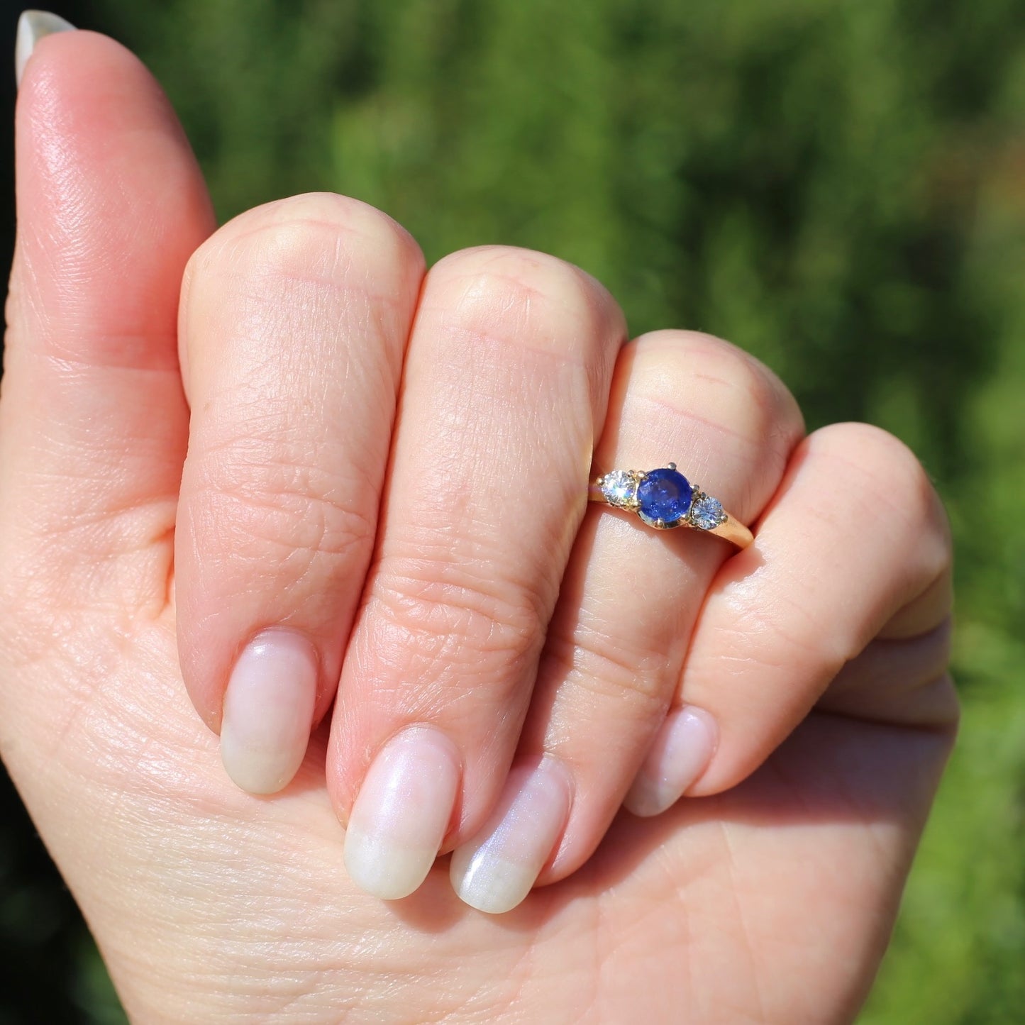 Bright Blue Natural Sapphire and Diamond Trilogy Ring, 18ct Yellow Gold, size K or 5.5