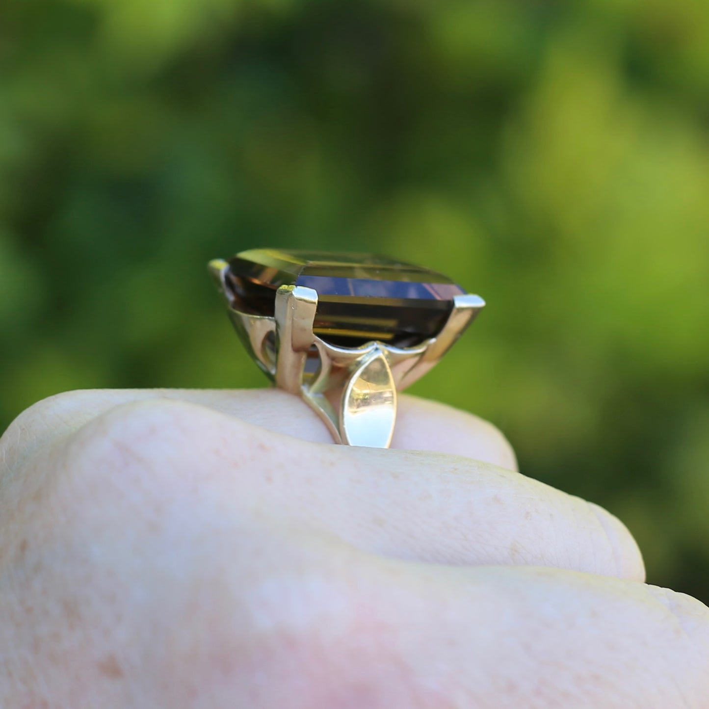 Mid Century 36ct Princess Cut Smoky Quartz Cocktail Ring, 9ct Yellow Gold, size N1/2 or 6.75